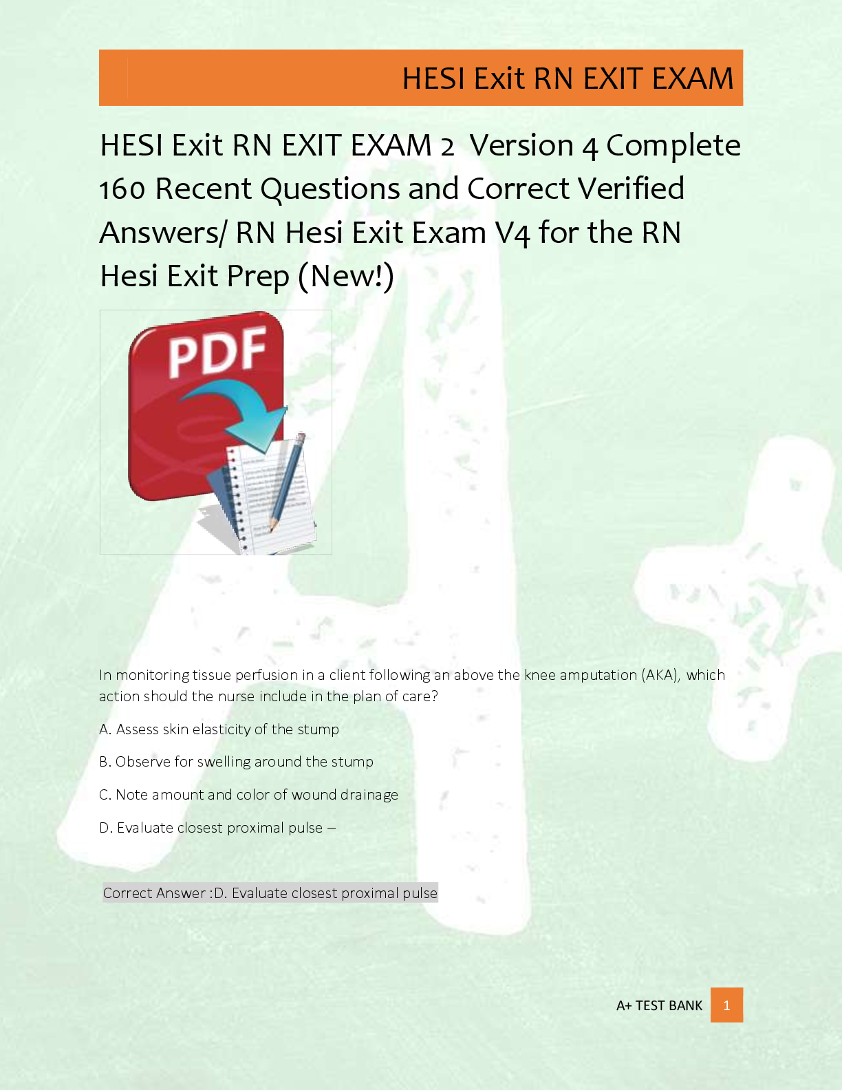 Preview of HESI Exit RN EXIT EXAM 2  Version 4 Complete  160 Recent Questions and Correct Verified  A