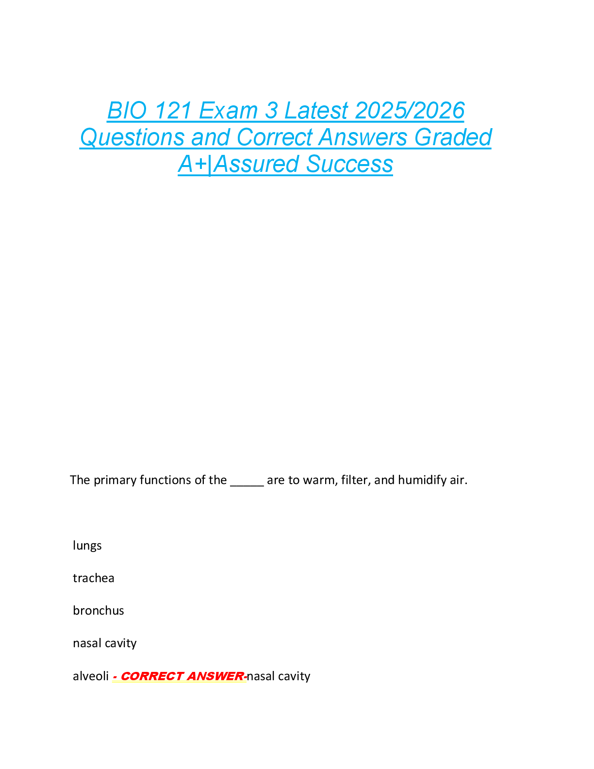 BIO 121 Exam 3 Latest 2025/2026  Questions and Correct Answers Graded  A+|Assured Success