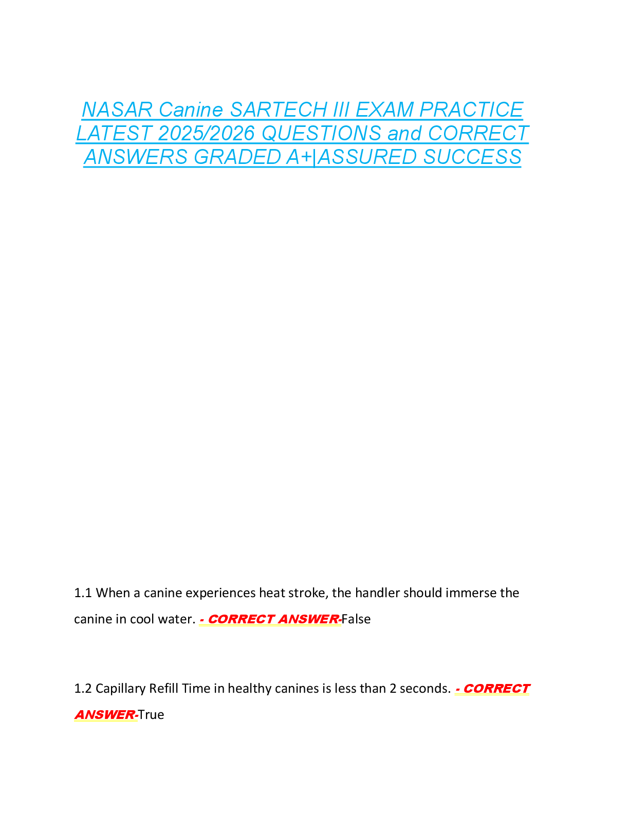Preview image for NASAR Canine SARTECH III EXAM PRACTICE  LATEST 2025/2026 QUESTIONS and CORRECT  ANSWERS GRADED A+|ASSURED SUCCESS