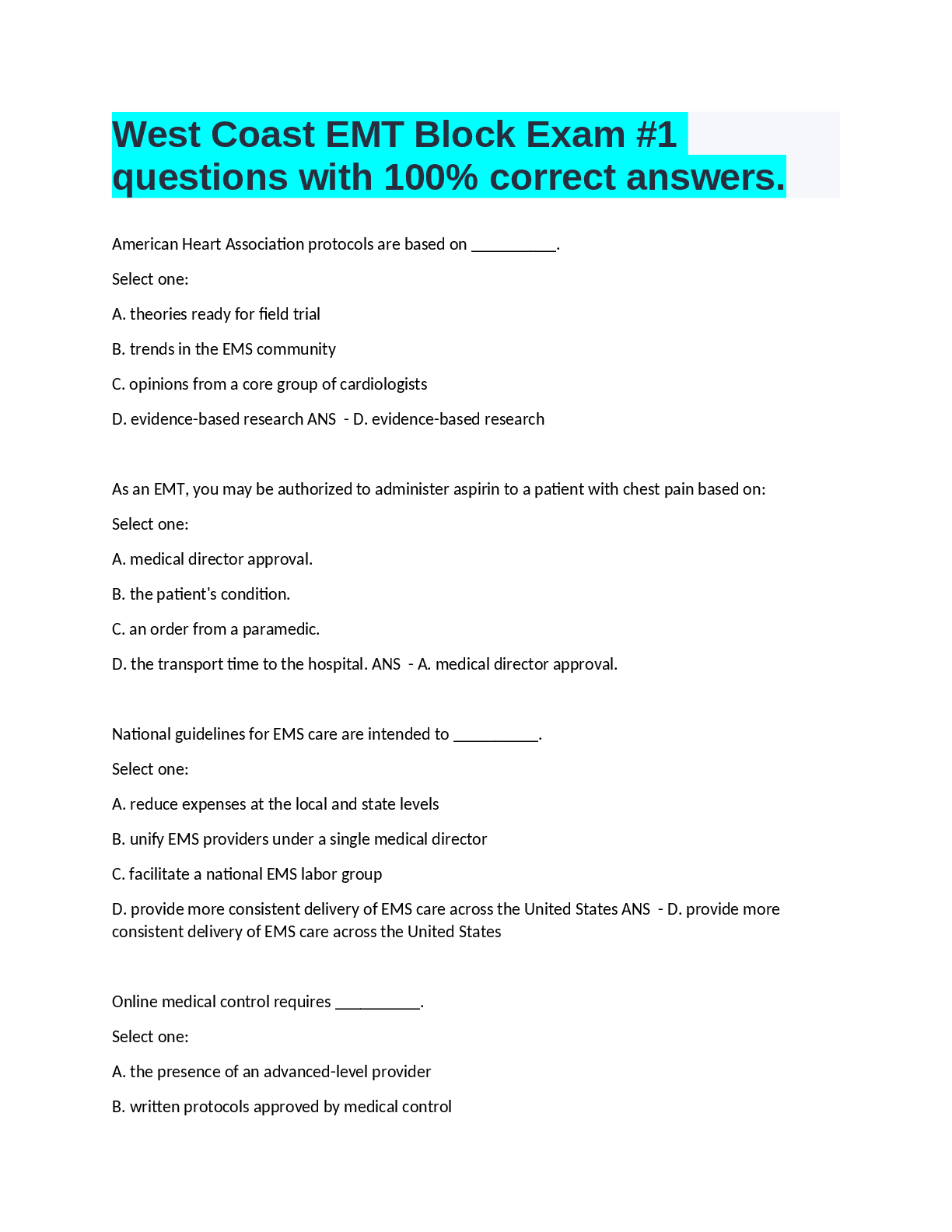 Preview image for West Coast EMT Block Exam #1  questions with 100% correct answers.