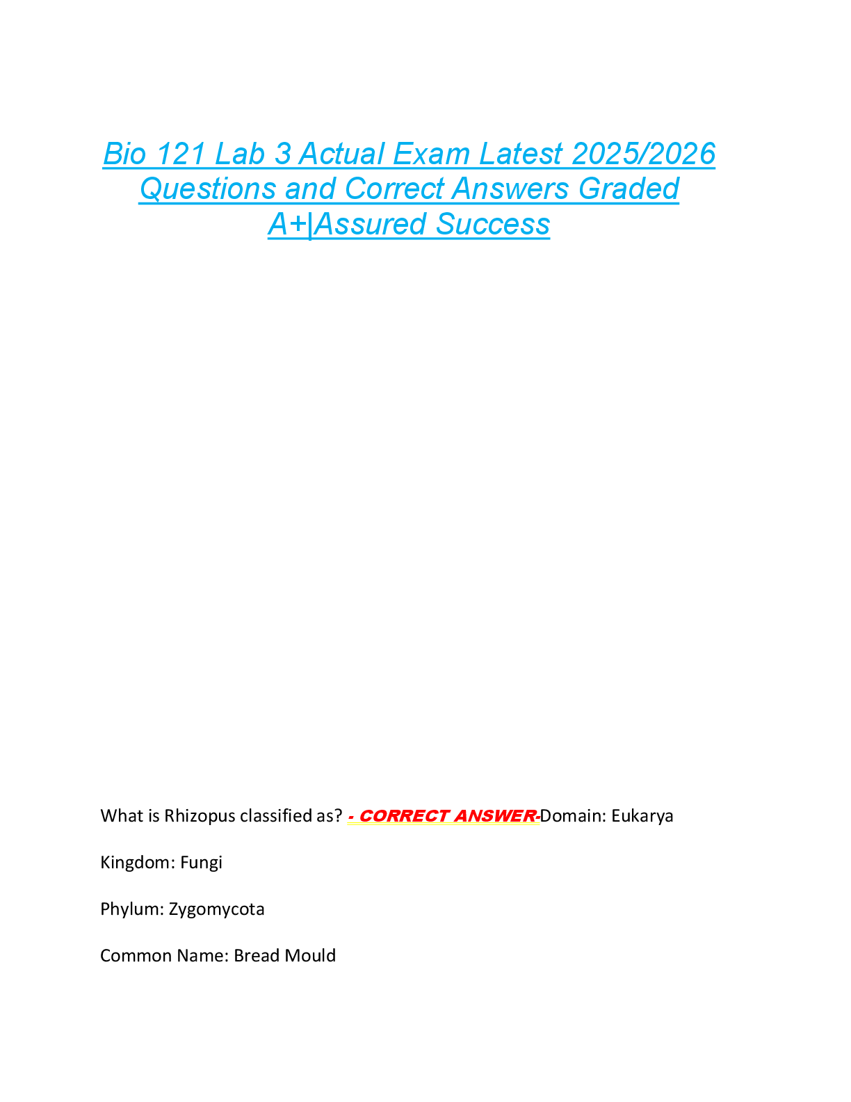 Recommended document preview for Bio 121 Lab 3 Actual Exam Latest 2025/2026  Questions and Correct Answers Graded  A+|Assured Success