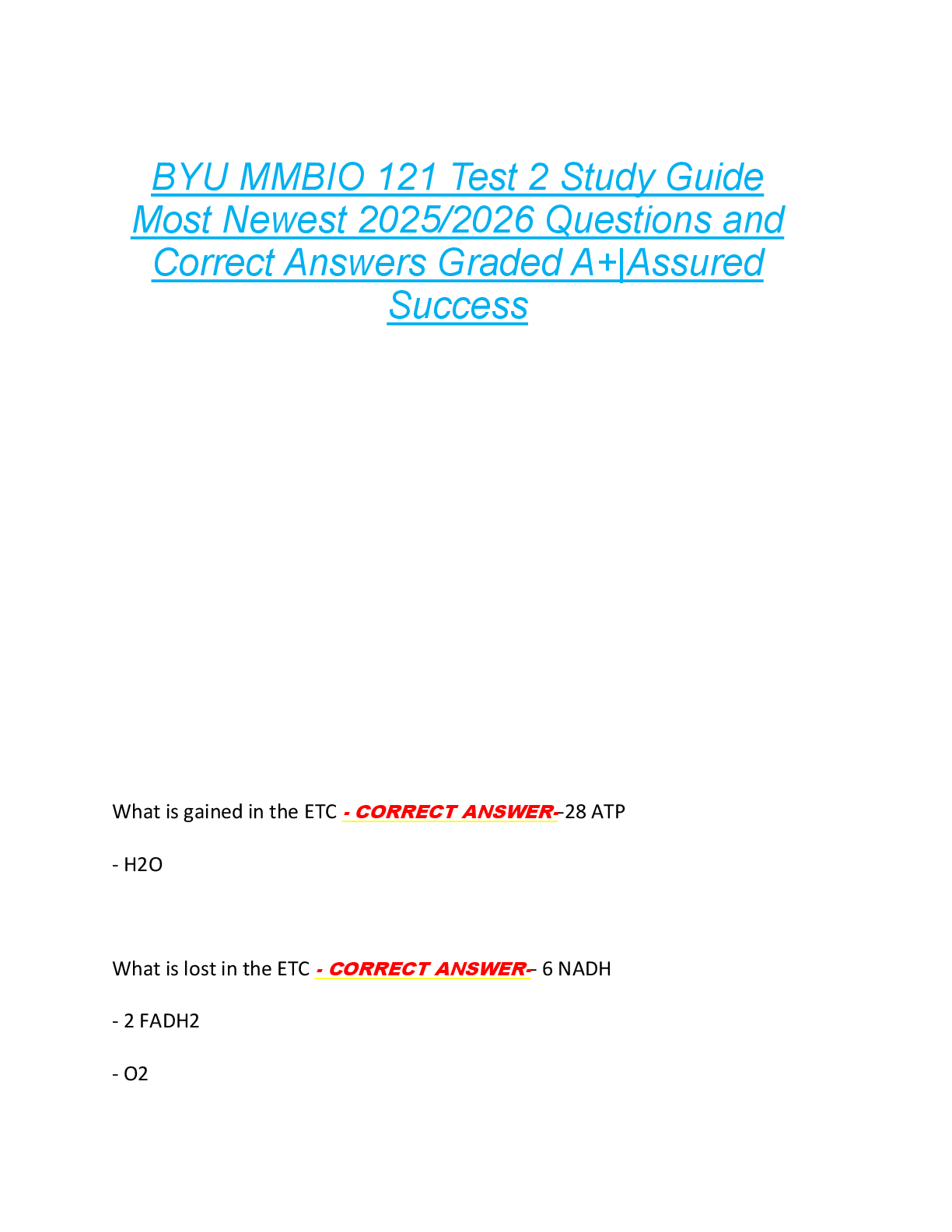 Recommended document preview for BYU MMBIO 121 Test 2 Study Guide  Most Newest 2025/2026 Questions and  Correct Answers Graded A+|Assured  Success