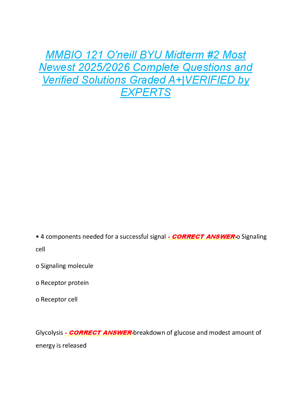 MMBIO 121 O'neill BYU Midterm #2 Most  Newest 2025/2026 Complete Questions and  Verified Solutions Graded A+|VERIFIED by  EXPERTS