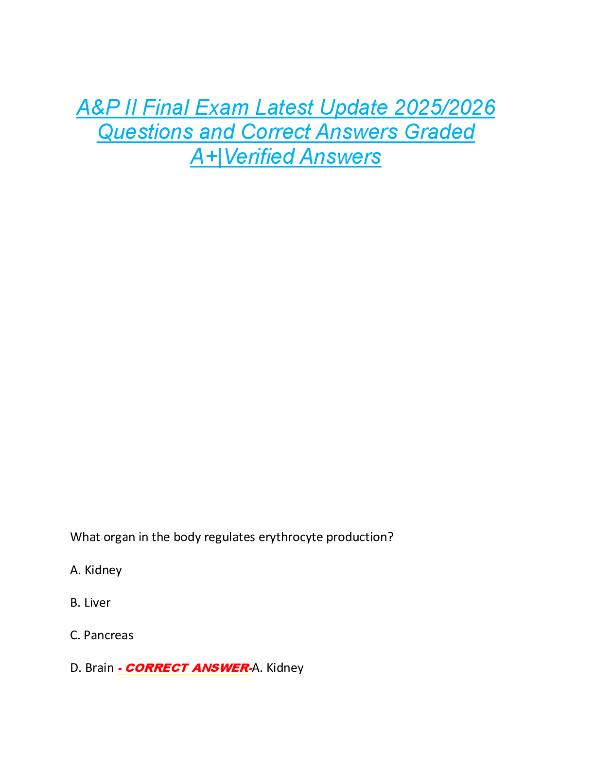 A&P II Final Exam Latest Update 2025/2026  Questions and Correct Answers Graded  A+|Verified Answers