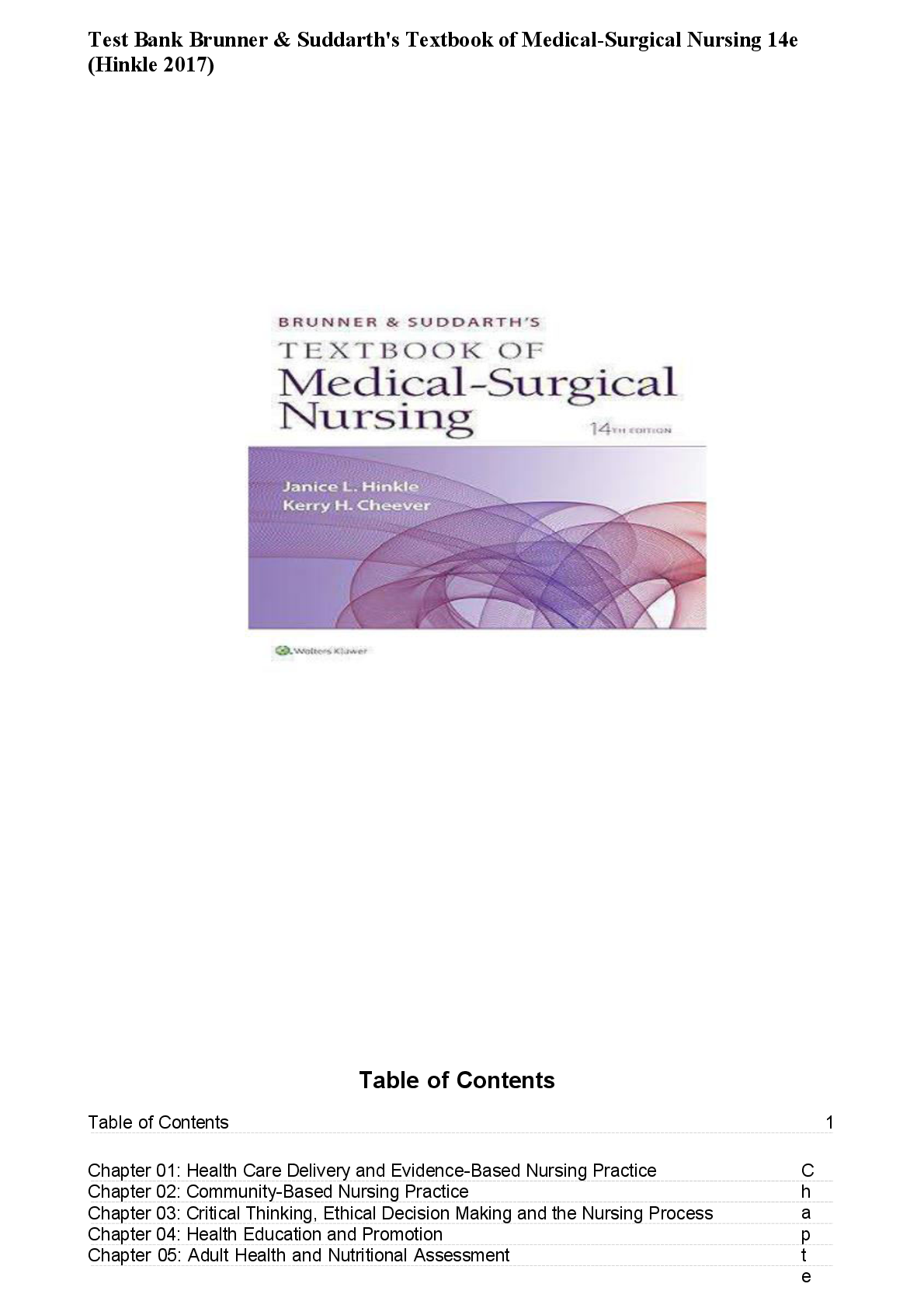 Preview image for Complete Test Bank Brunner & Suddarth's Textbook of Medical-Surgical Nursing 14e (Hinkle 2017) All Chapters Rated A+