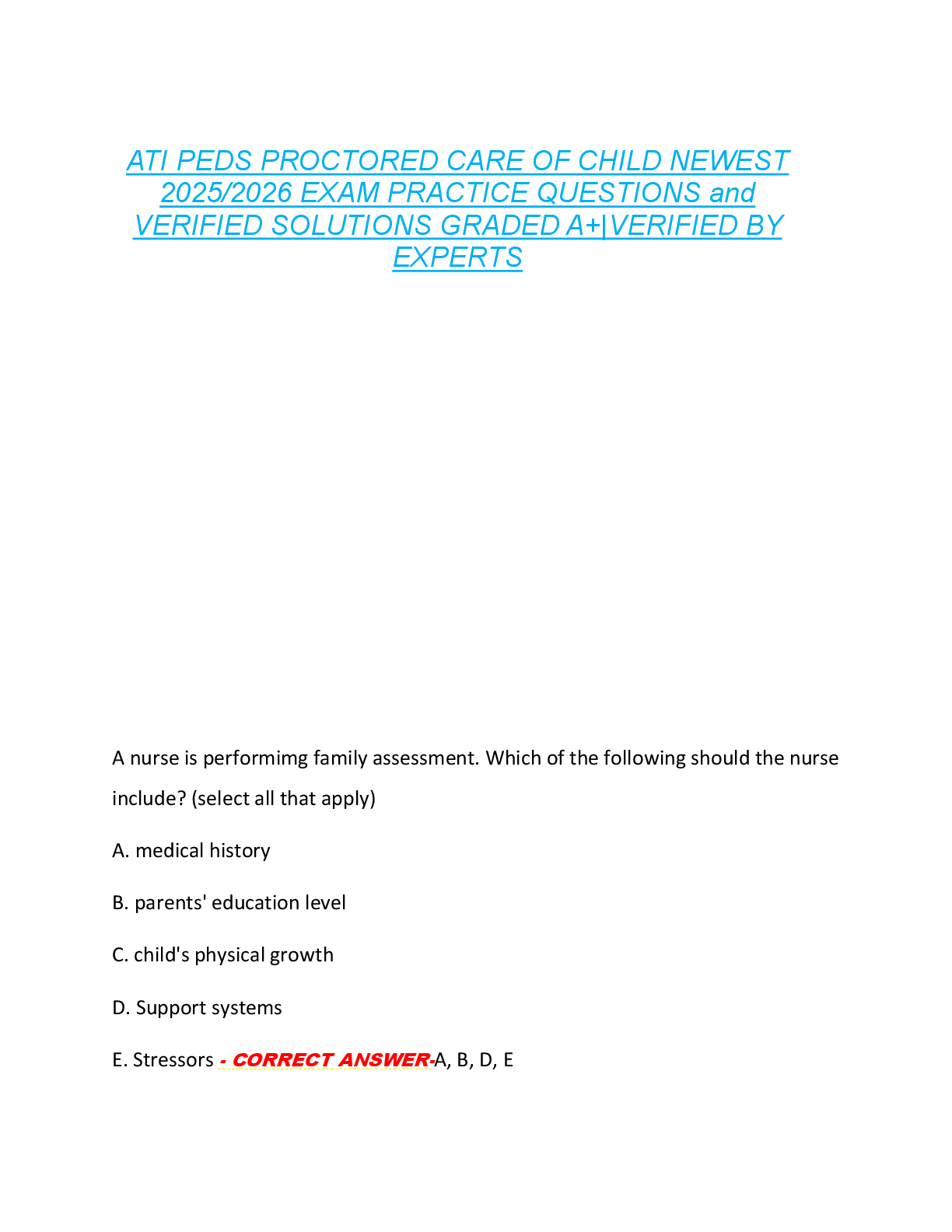 ATI PEDS PROCTORED CARE OF CHILD NEWEST  2025/2026 EXAM PRACTICE QUESTIONS and  VERIFIED SOLUTIONS GRADED A+|VERIFIED BY  EXPERTS