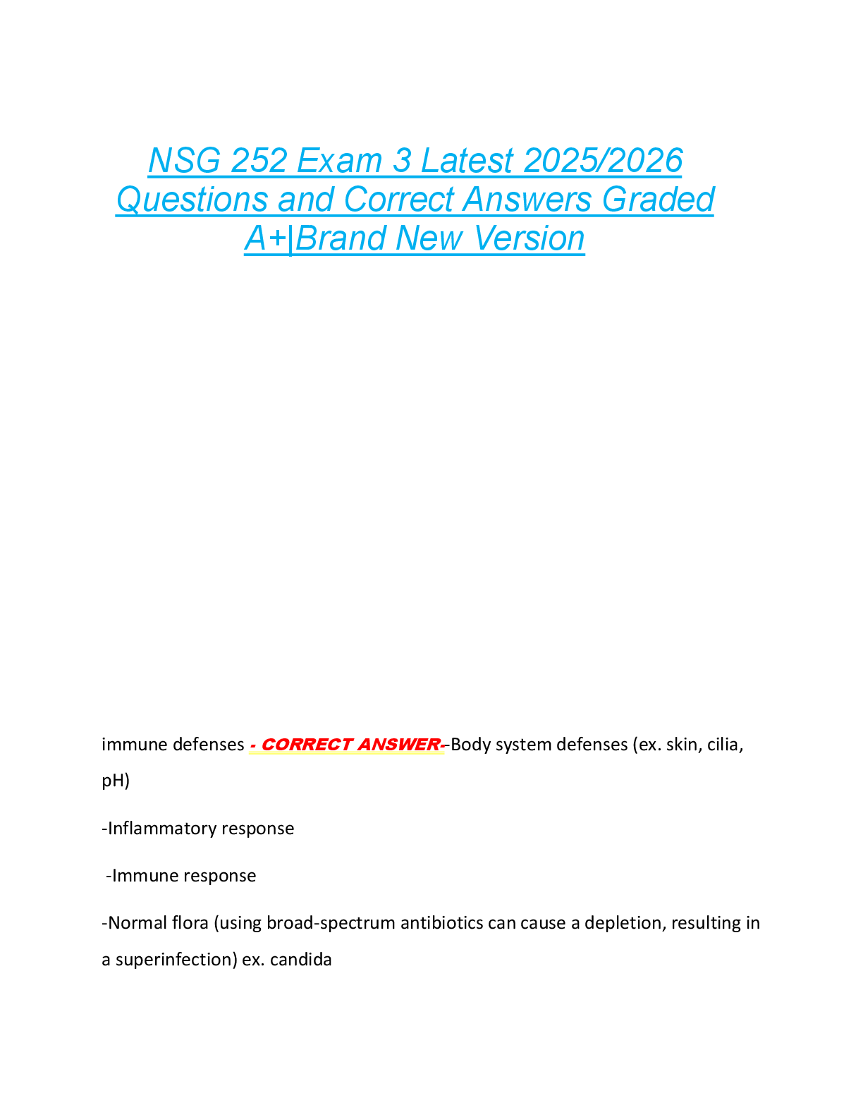 NSG 252 Exam 3 Latest 2025/2026  Questions and Correct Answers Graded  A+|Brand New Version