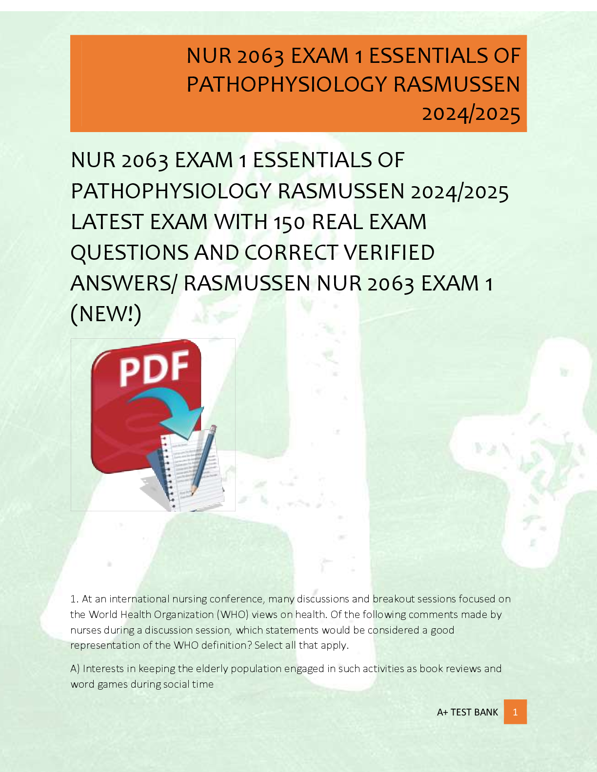 Preview of NUR 2063 EXAM 1 ESSENTIALS OF  PATHOPHYSIOLOGY RASMUSSEN 2024/2025  LATEST EXAM WITH 150 R