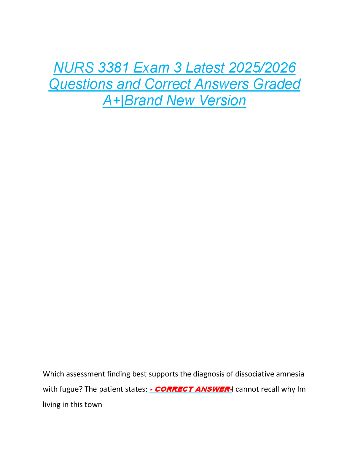 Preview image for NURS 3381 Exam 3 Latest 2025/2026  Questions and Correct Answers Graded  A+|Brand New Version