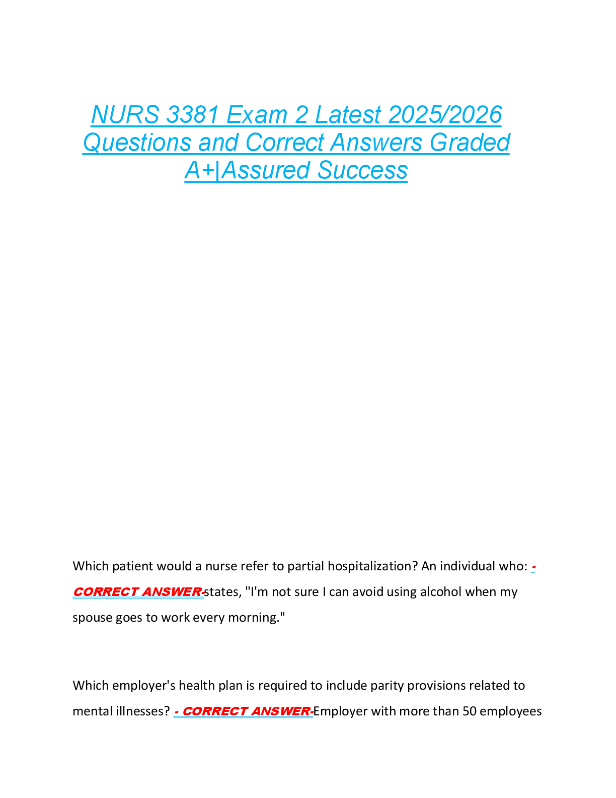 Preview image for NURS 3381 Exam 2 Latest 2025/2026  Questions and Correct Answers Graded  A+|Assured Success