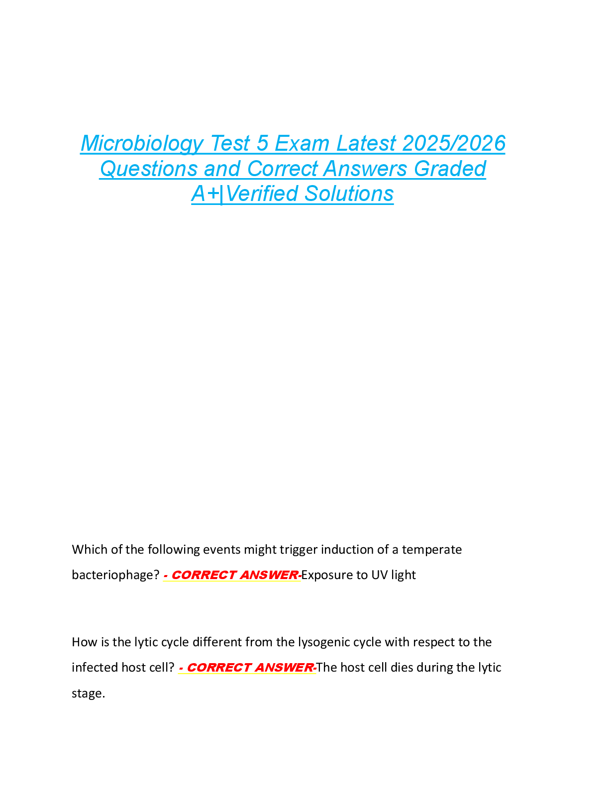 Microbiology Test 5 Exam Latest 2025/2026  Questions and Correct Answers Graded  A+|Verified Solutions