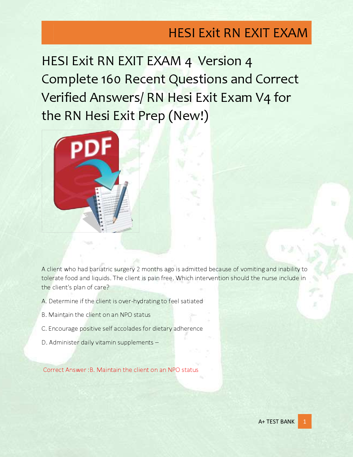 Preview of HESI Exit RN EXIT EXAM 4  Version 4  Complete 160 Recent Questions and Correct  Verified A