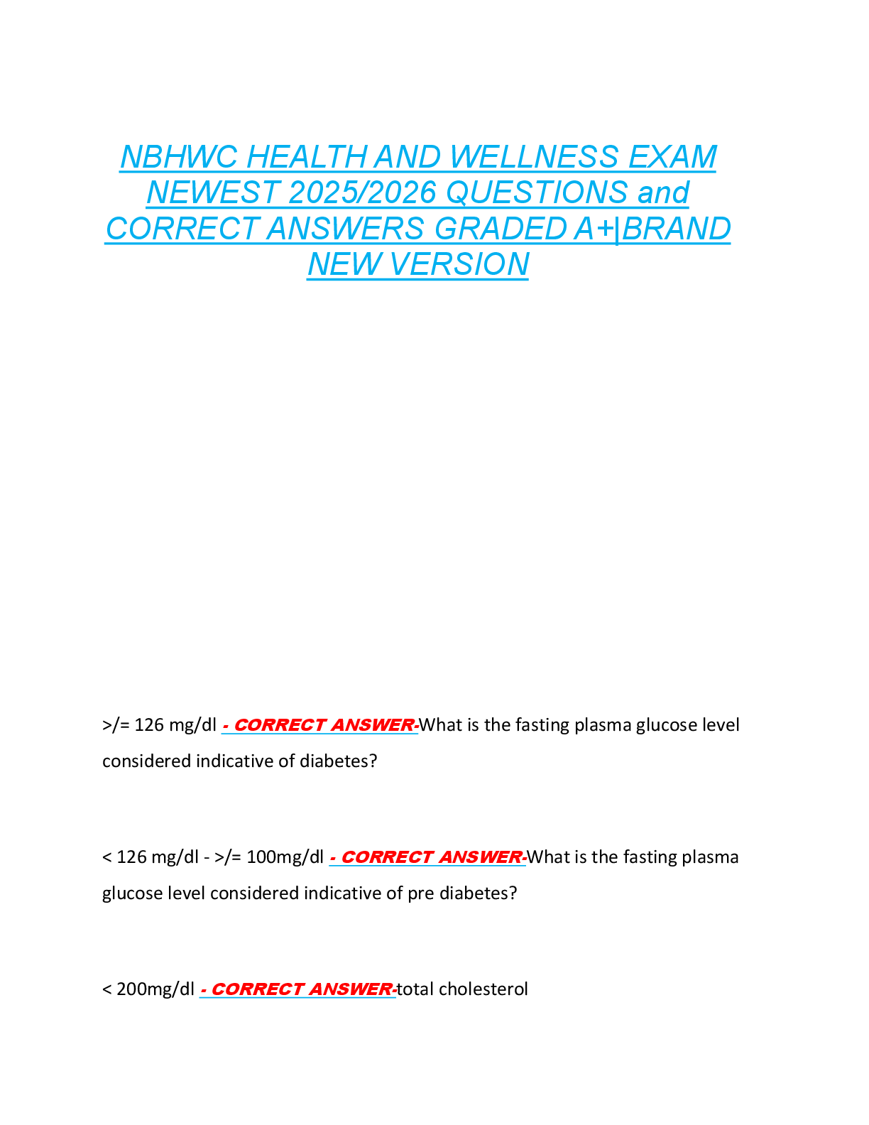 Preview image for NBHWC HEALTH AND WELLNESS EXAM  NEWEST 2025/2026 QUESTIONS and  CORRECT ANSWERS GRADED A+|BRAND  NEW VERSION