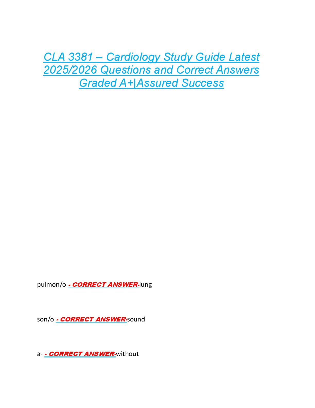 Preview image for CLA 3381 – Cardiology Study Guide Latest  2025/2026 Questions and Correct Answers  Graded A+|Assured Success