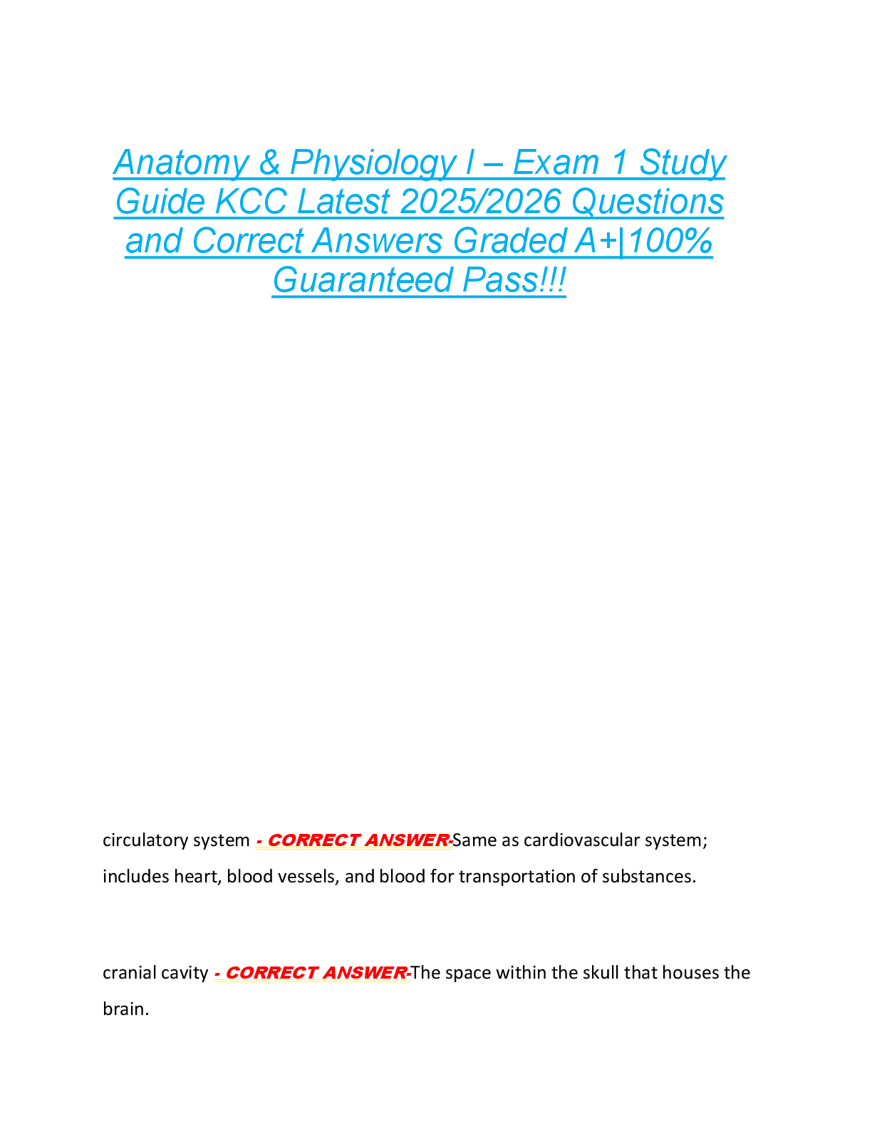 Preview of Anatomy &amp; Physiology I – Exam 1 Study  Guide KCC Latest 2025/2026 Questions  and Correct Answers Graded A+|100%  Guaranteed Pass!!!