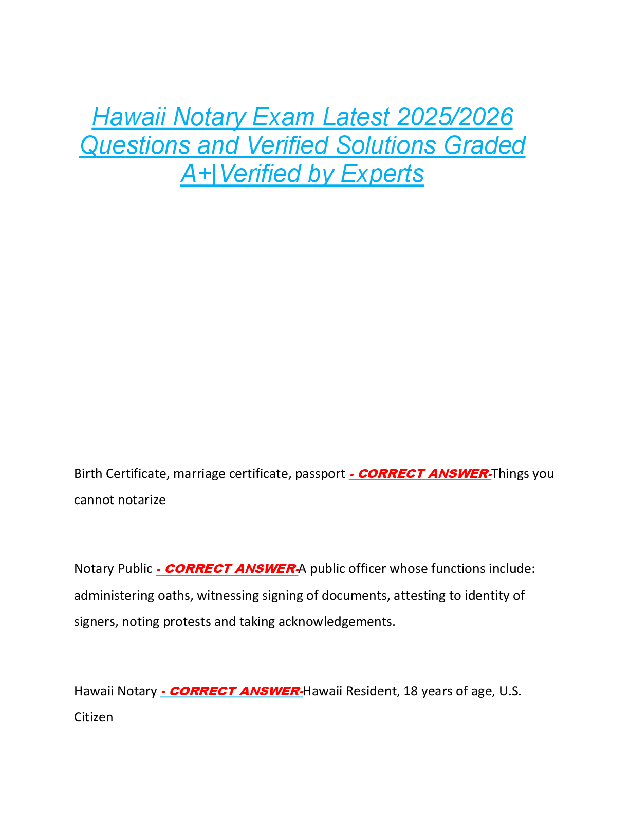 Hawaii Notary Exam Latest 2025/2026  Questions and Verified Solutions Graded  A+|Verified by Experts Hawaii Notary Exam Latest 2025/2026  Questions and Verified Solutions Graded  A+|Verified by Experts