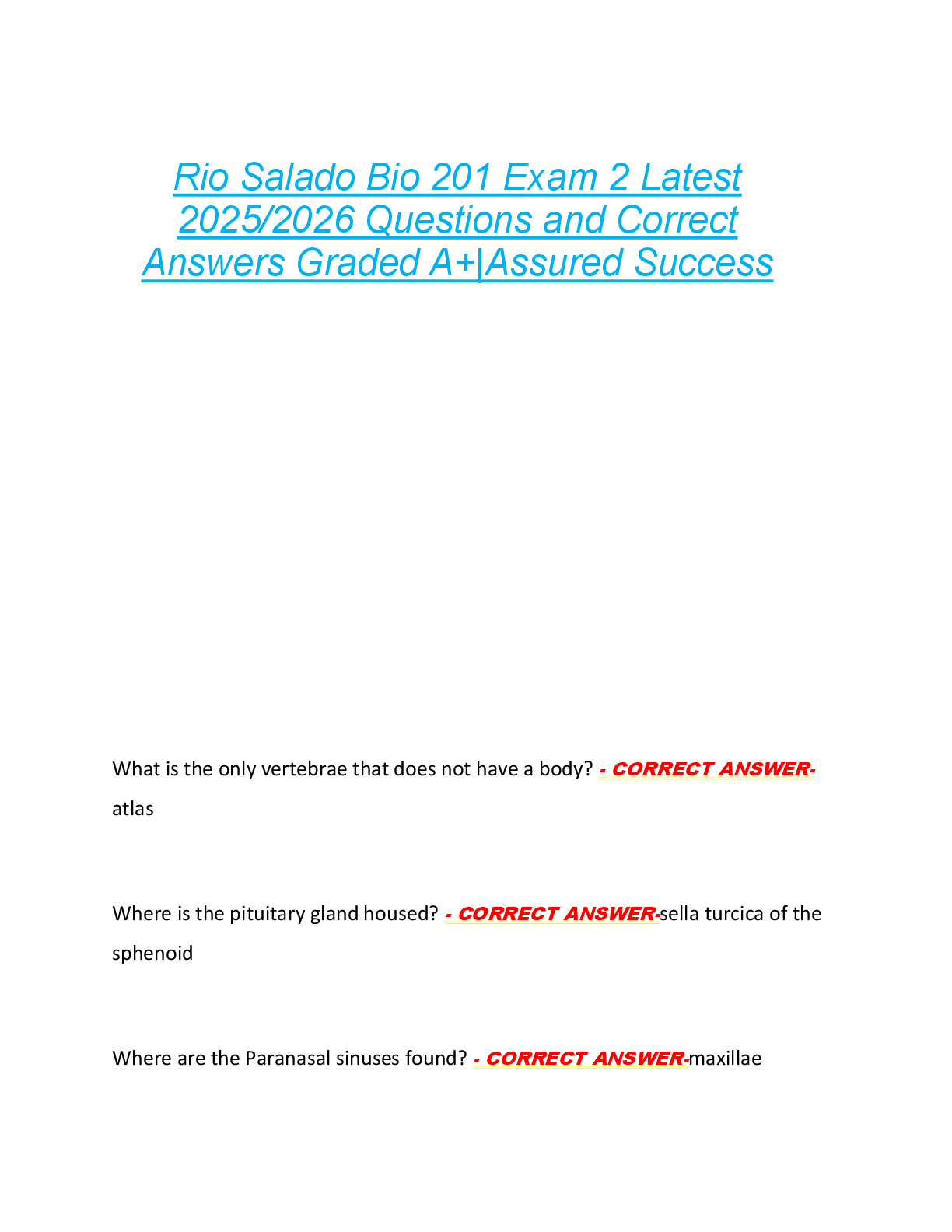 Rio Salado Bio 201 Exam 2 Latest  2025/2026 Questions and Correct  Answers Graded A+|Assured Success