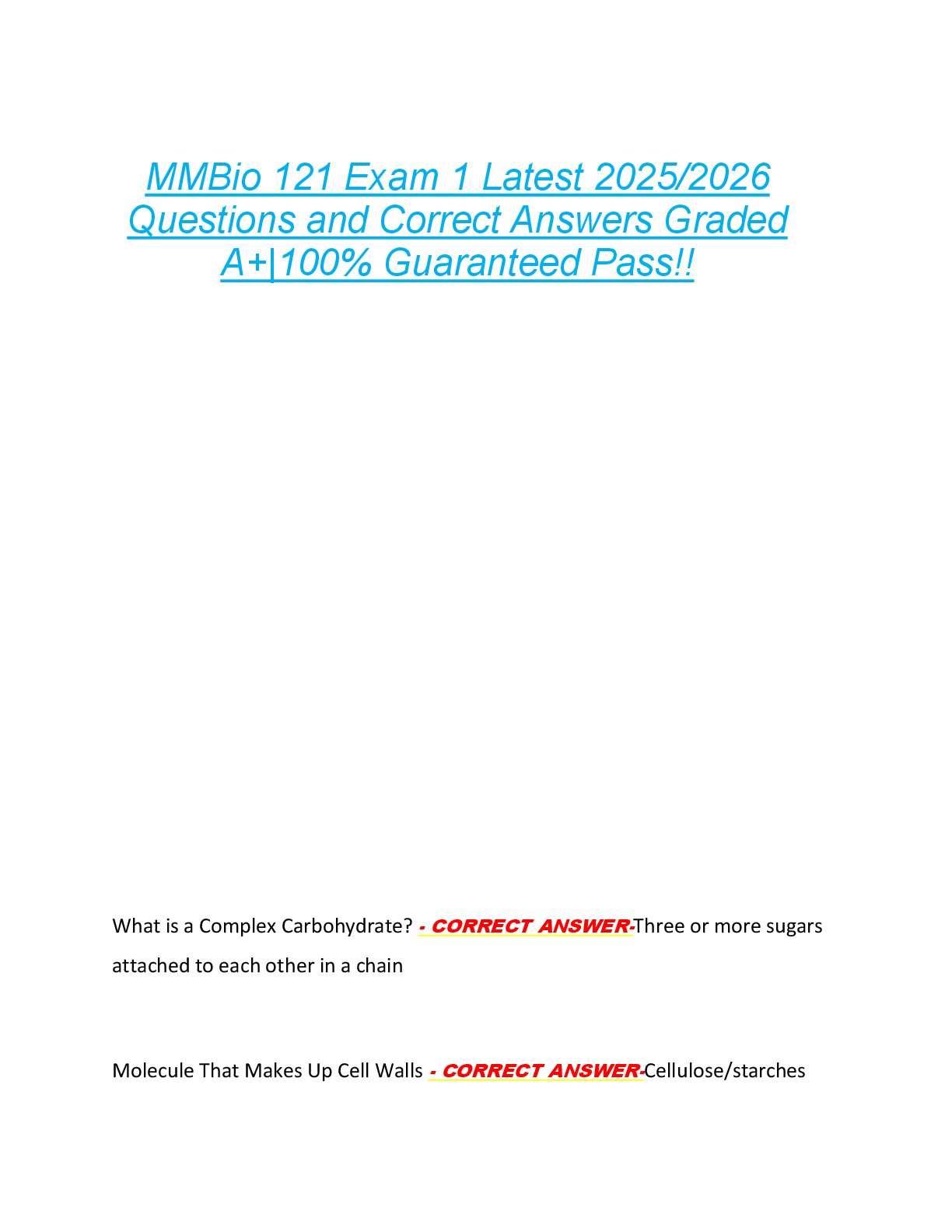 MMBio 121 Exam 1 Latest 2025/2026  Questions and Correct Answers Graded  A+|100% Guaranteed Pass!!