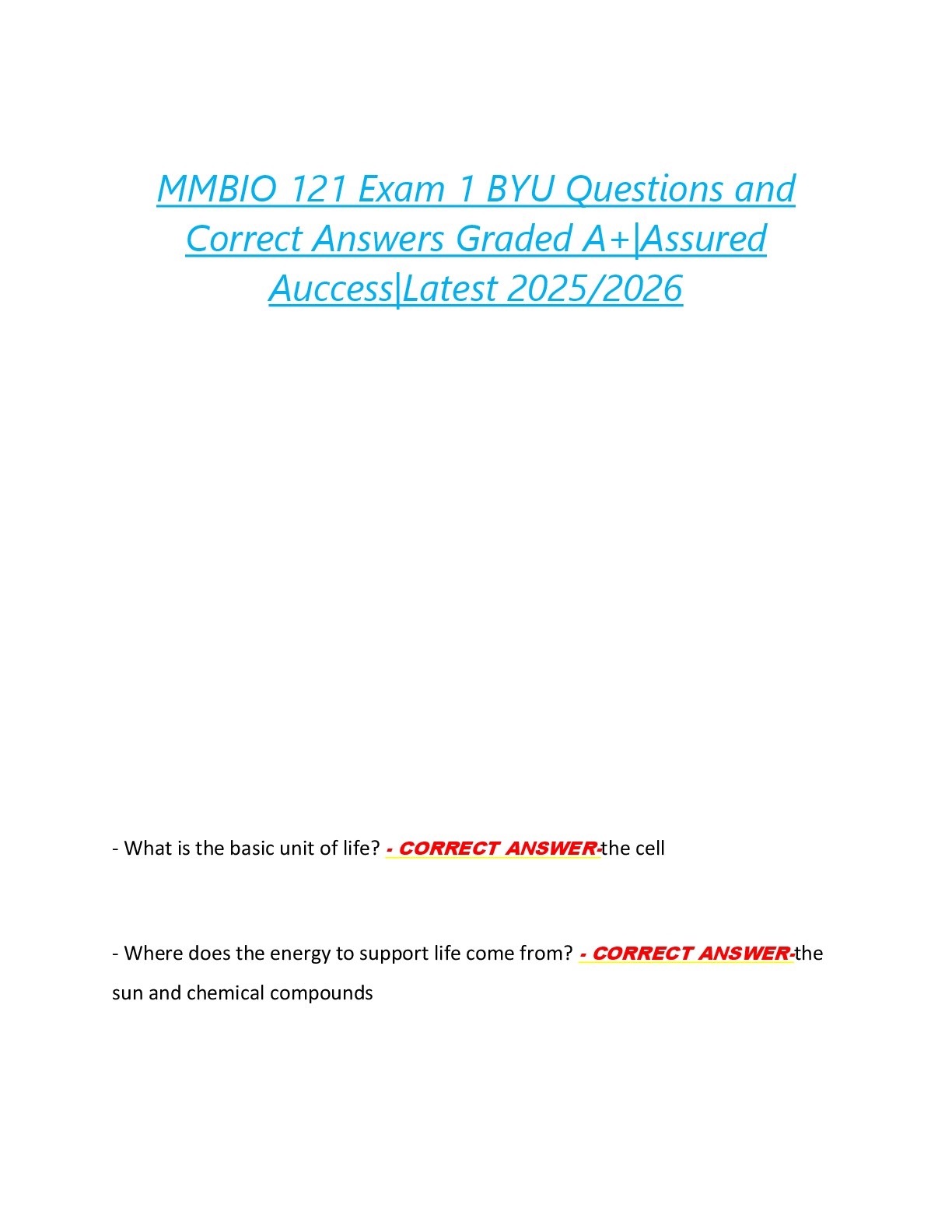 MMBIO 121 Exam 1 BYU Questions and  Correct Answers Graded A+|Assured  Auccess|Latest 2025/2026