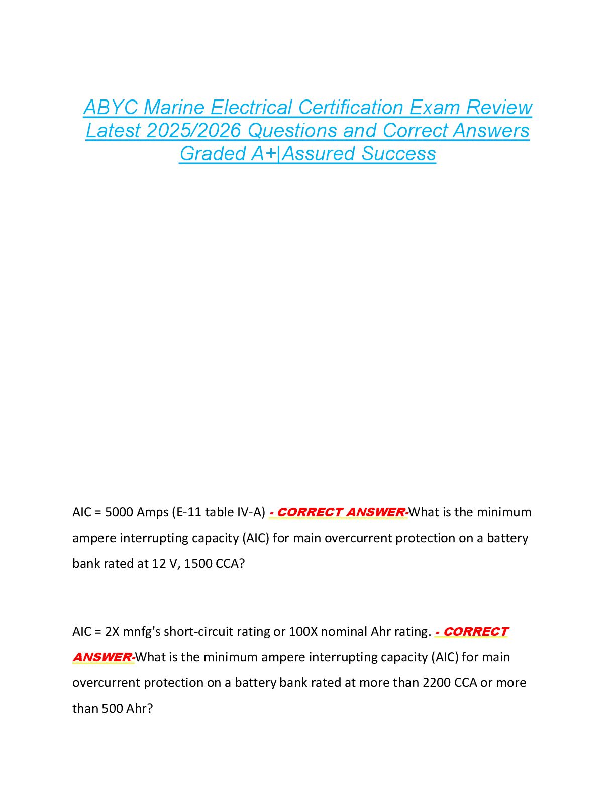 ABYC Marine Electrical Certification Exam Review  Latest 2025/2026 Questions and Correct Answers  Graded A+|Assured Success