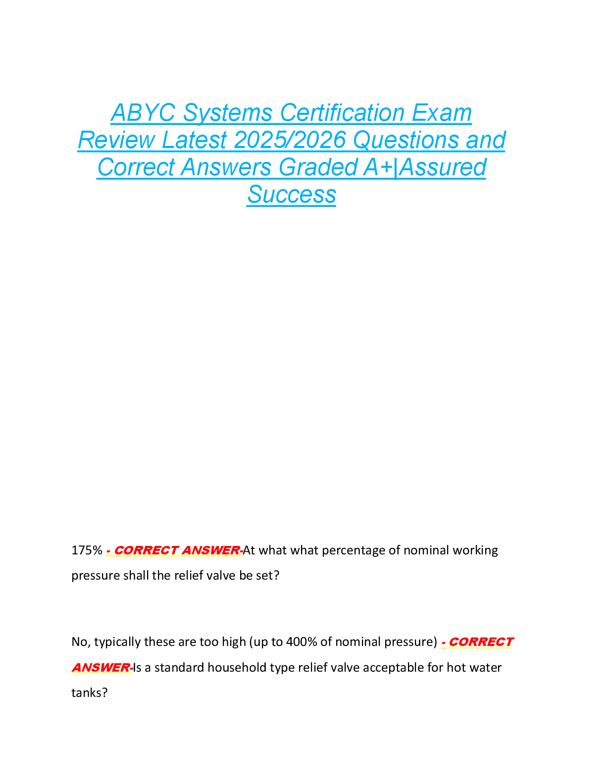ABYC Systems Certification Exam  Review Latest 2025/2026 Questions and  Correct Answers Graded A+|Assured  Success