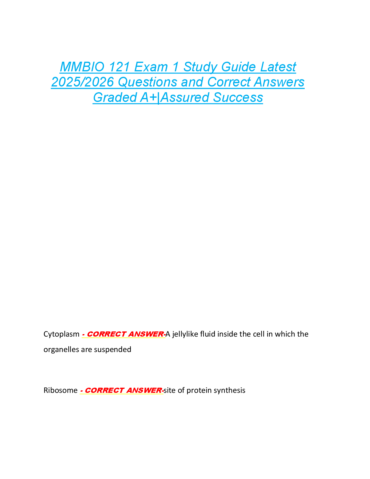 Recommended document preview for MMBIO 121 Exam 1 Study Guide Latest  2025/2026 Questions and Correct Answers  Graded A+|Assured Success