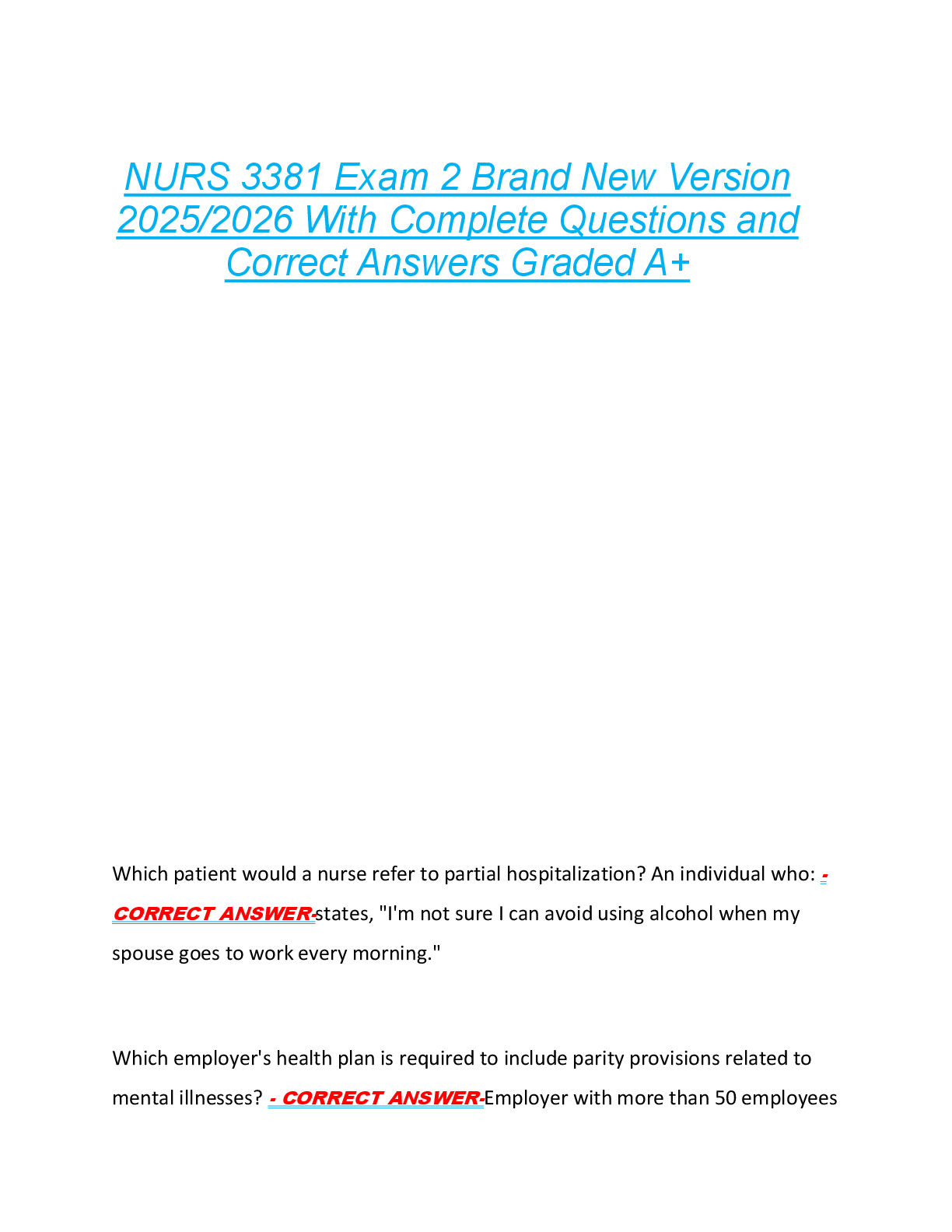 Preview image for NURS 3381 Exam 2 Brand New Version  2025/2026 With Complete Questions and  Correct Answers Graded A+
