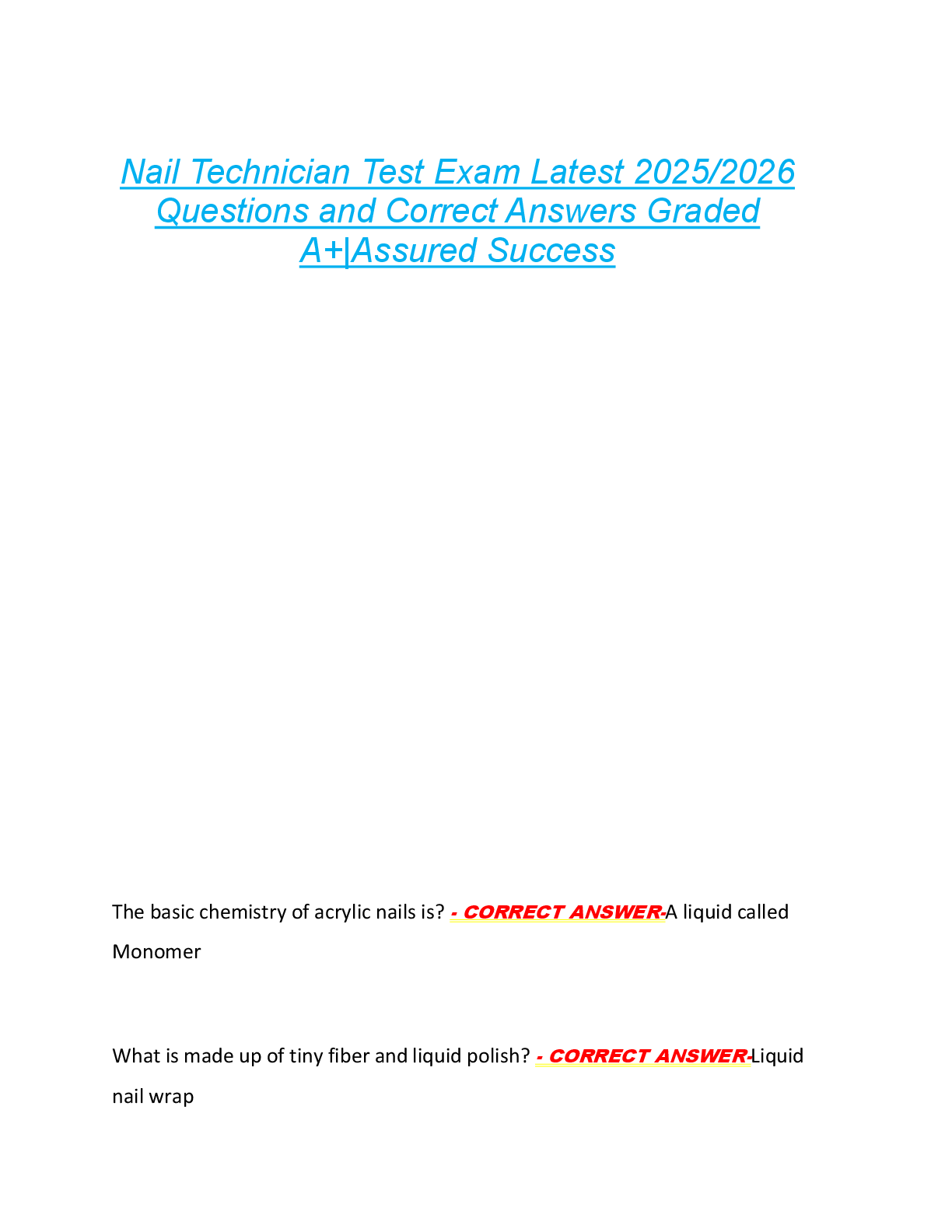Preview of Nail Technician Test Exam Latest 2025/2026  Questions and Correct Answers Graded  A+|Assured Success