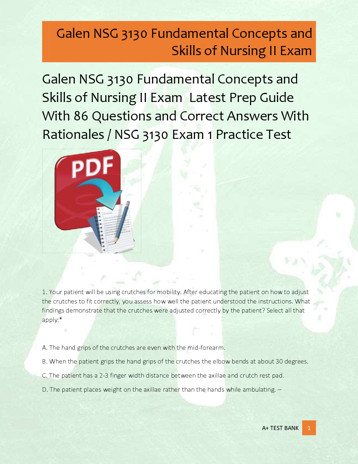 Preview of Galen NSG 3130 Fundamental Concepts and  Skills of Nursing II Exam  Latest Prep Guide  Wit