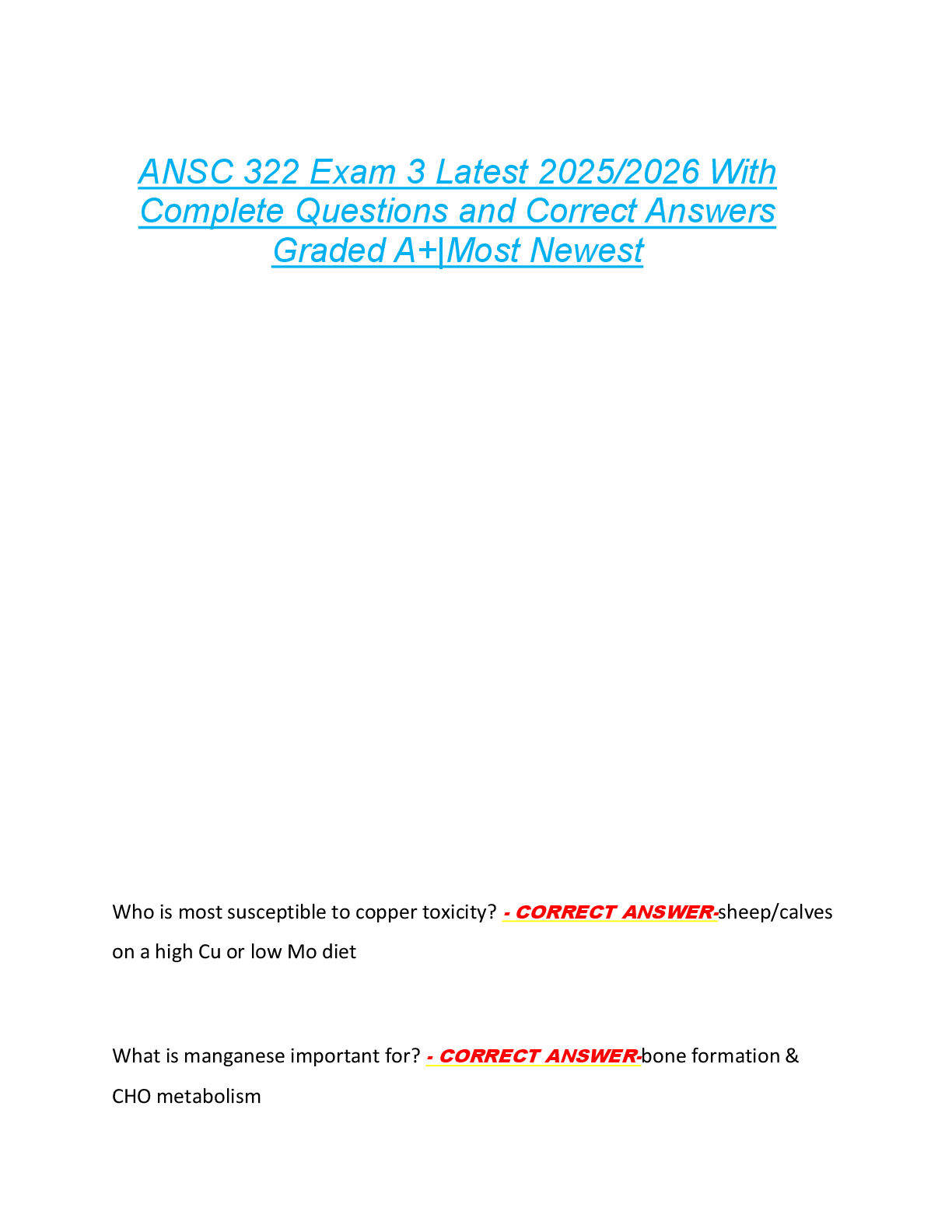 Preview of ANSC 322 Exam 3 Latest 2025/2026 With  Complete Questions and Correct Answers  Graded A+|Most Newest