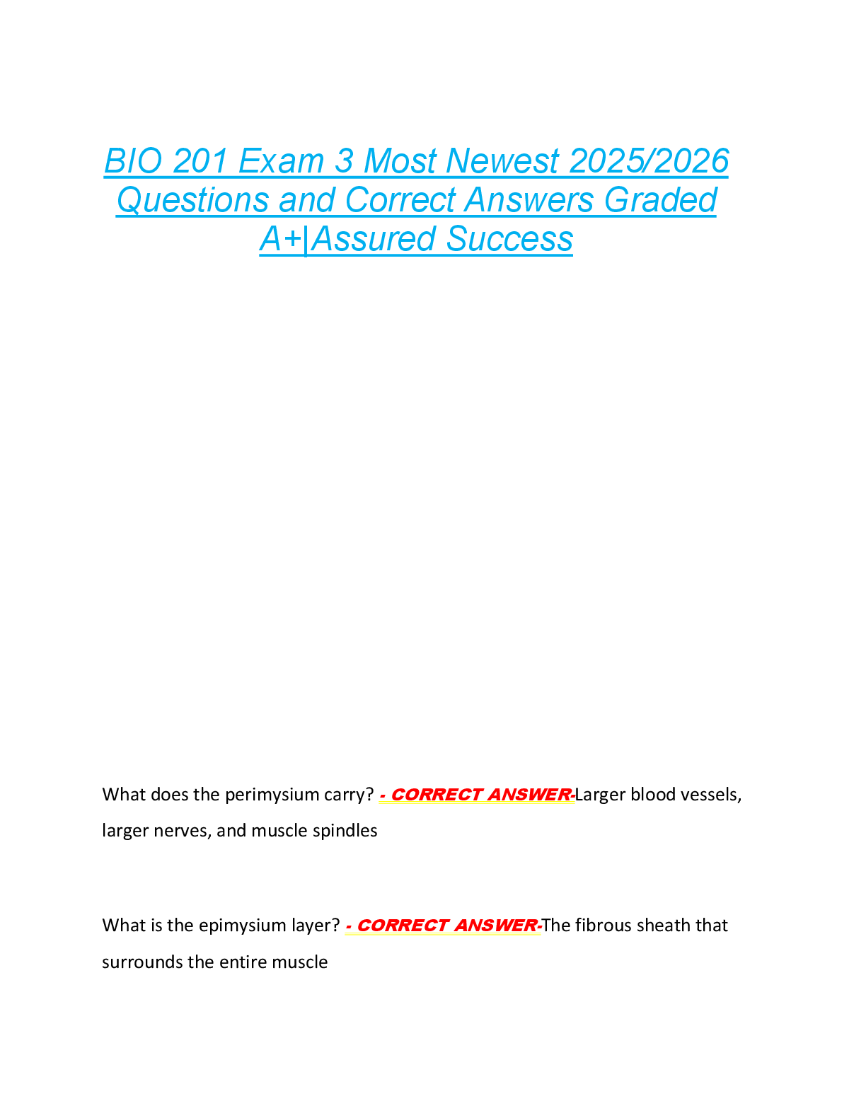 BIO 201 Exam 3 Most Newest 2025/2026  Questions and Correct Answers Graded  A+|Assured Success