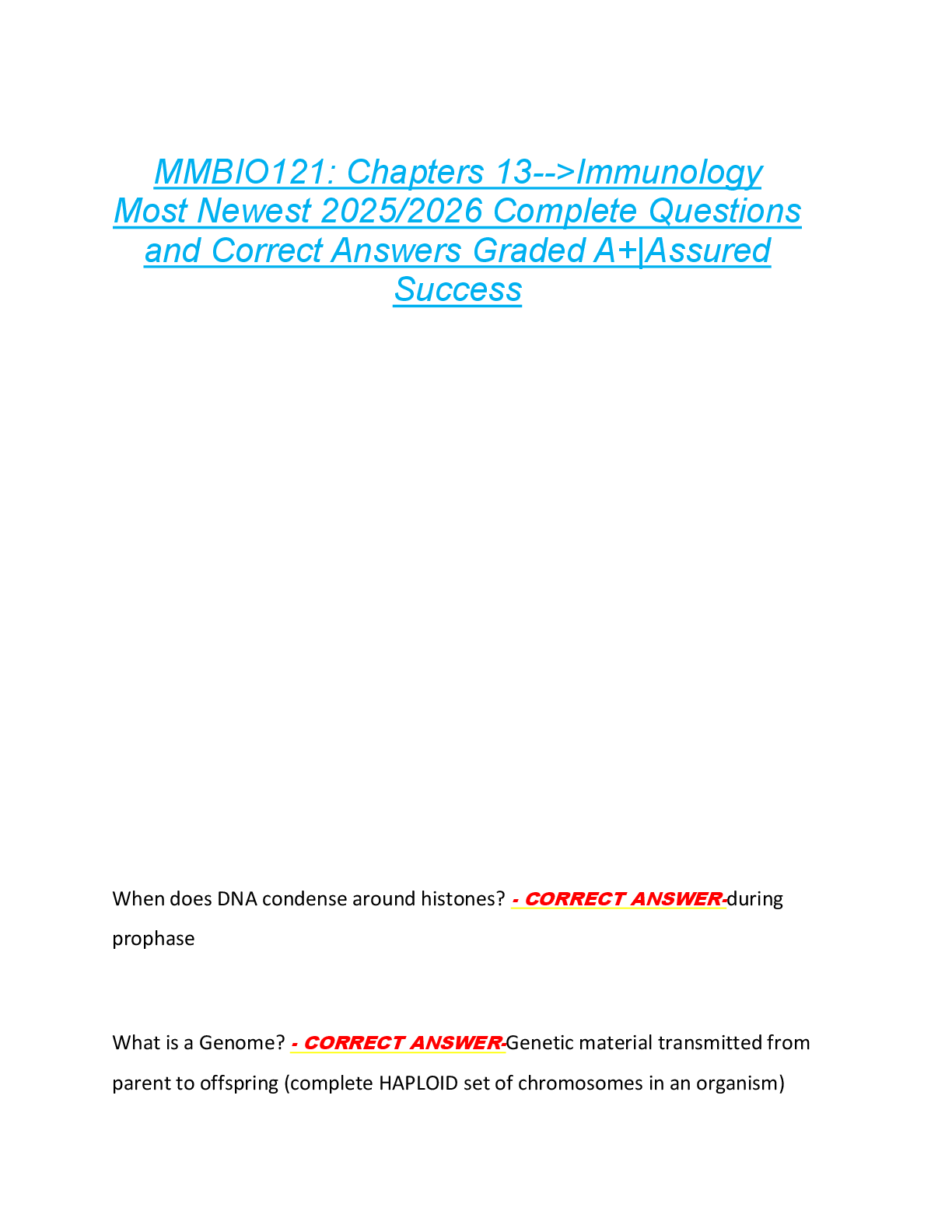 Preview of MMBIO121: Chapters 13-->Immunology  Most Newest 2025/2026 Complete Questions  and Correct