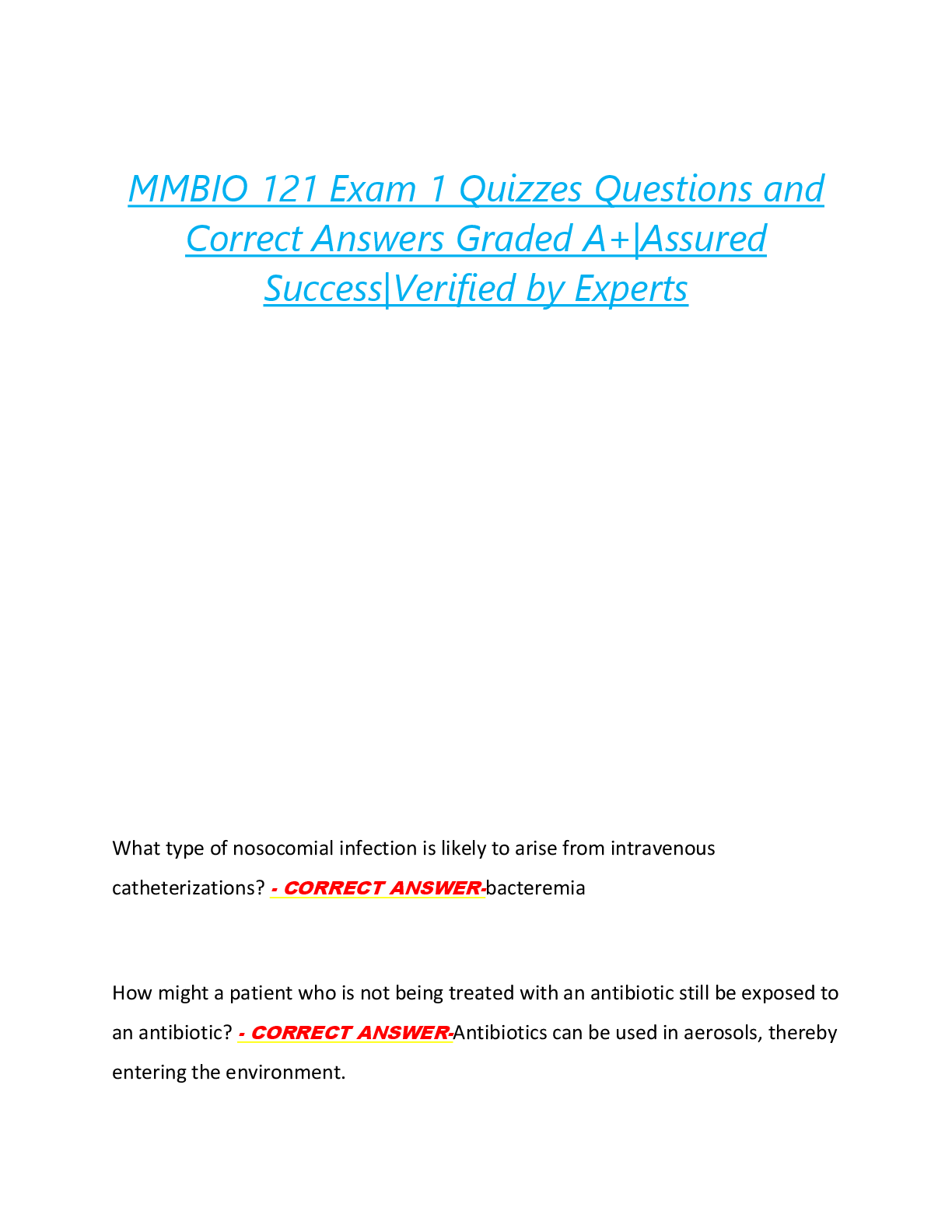 MMBIO 121 Exam 1 Quizzes Questions and  Correct Answers Graded A+|Assured  Success|Verified by Experts