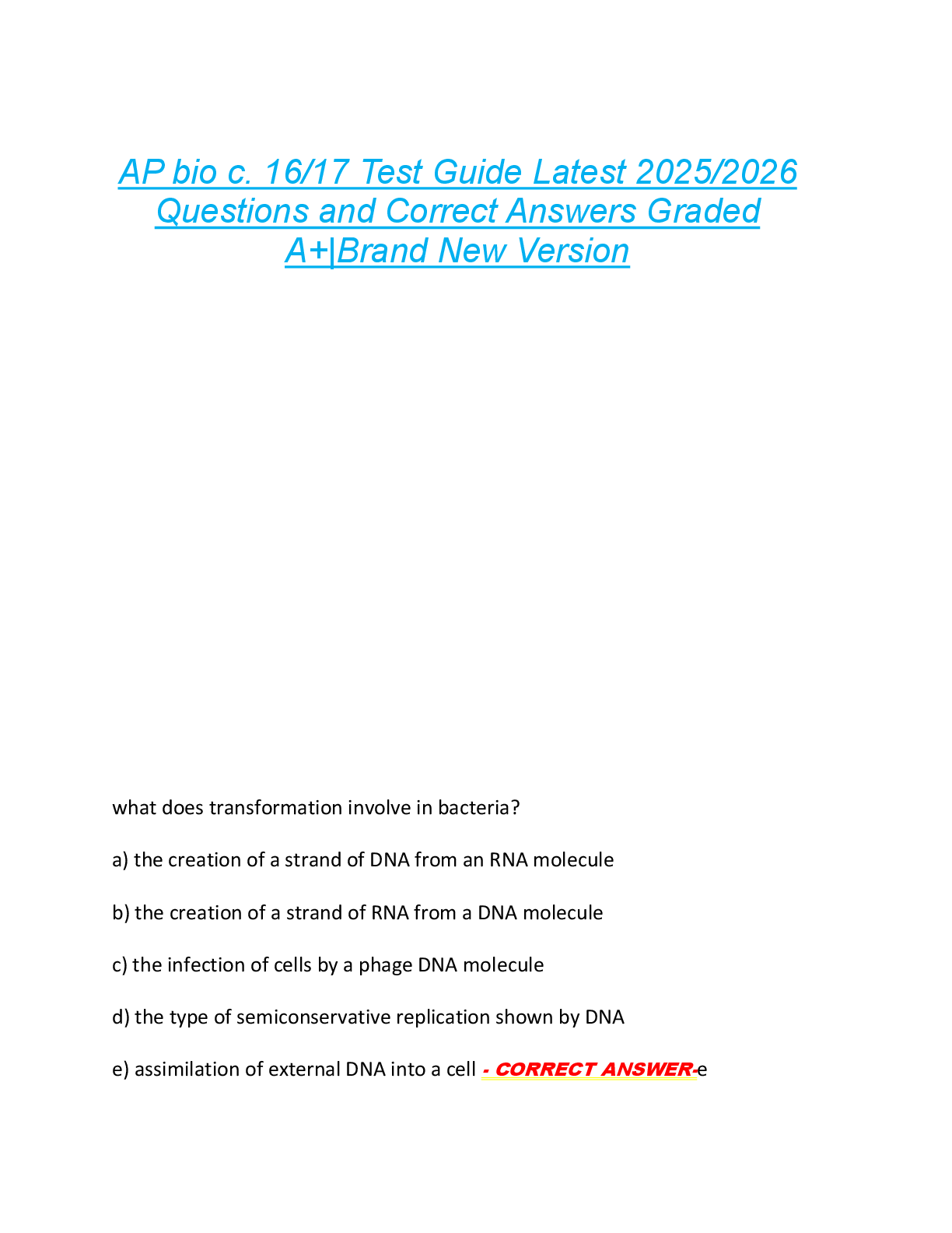 Preview image for AP bio c. 16/17 Test Guide Latest 2025/2026  Questions and Correct Answers Graded  A+|Brand New Version