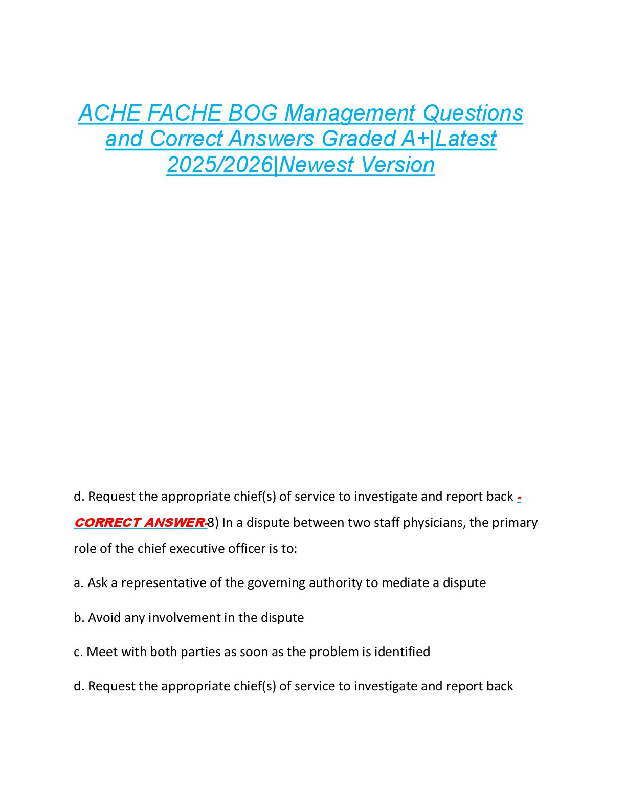 Preview of ACHE FACHE BOG Management Questions  and Correct Answers Graded A+|Latest  2025/2026|Newest Version