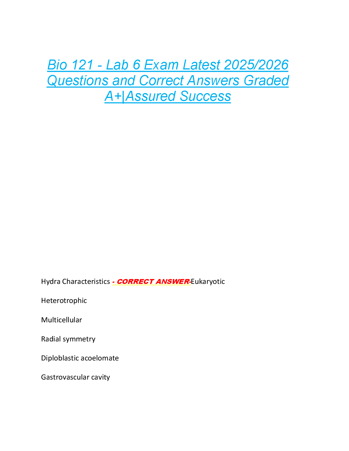 Recommended document preview for Bio 121 - Lab 6 Exam Latest 2025/2026  Questions and Correct Answers Graded  A+|Assured Success