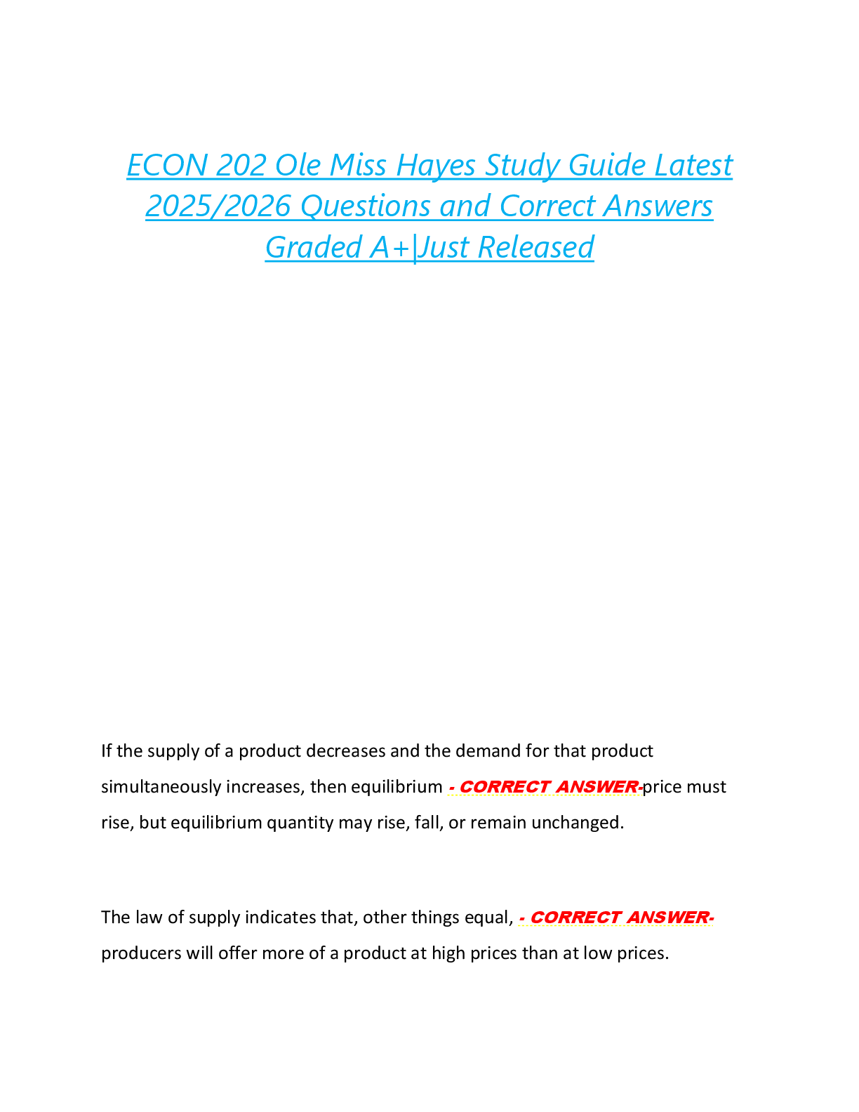 Preview image for ECON 202 Ole Miss Hayes Study Guide Latest  2025/2026 Questions and Correct Answers  Graded A+|Just Released
