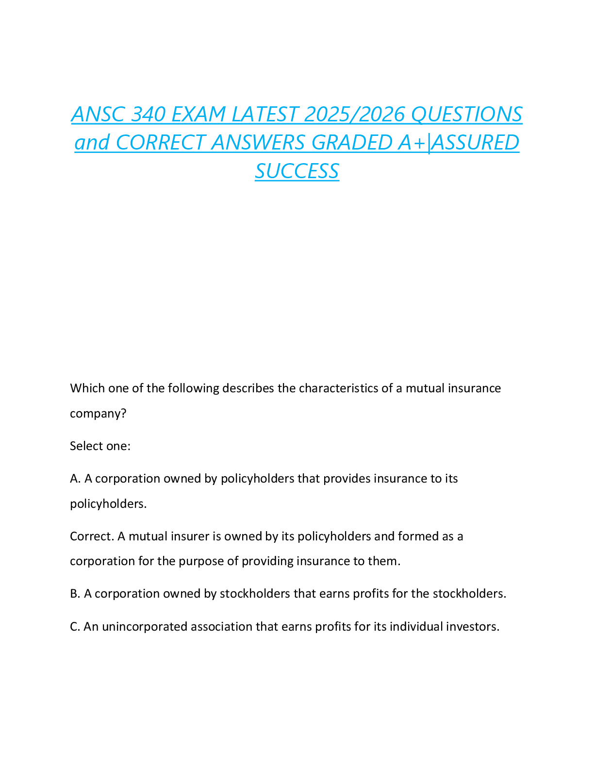 Preview of ANSC 340 EXAM LATEST 2025/2026 QUESTIONS  and CORRECT ANSWERS GRADED A+|ASSURED  SUCCESS