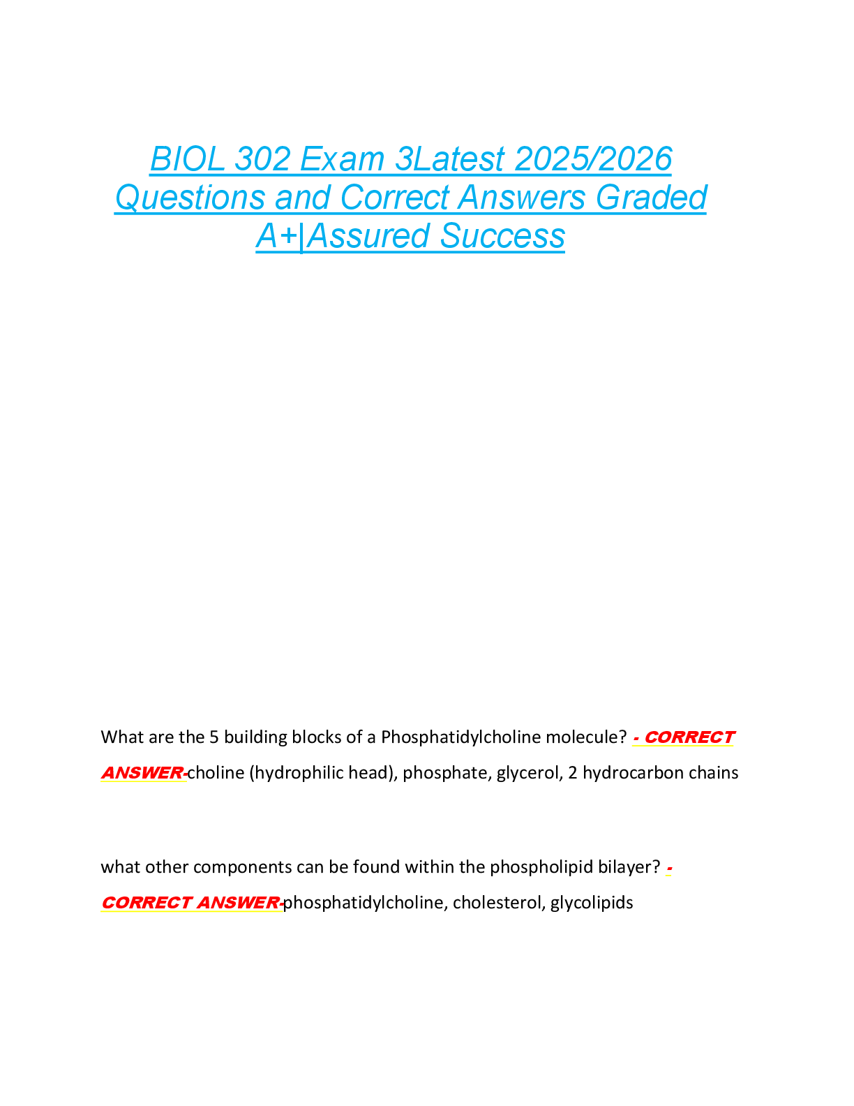 BIOL 302 Exam 3Latest 2025/2026  Questions and Correct Answers Graded  A+|Assured Success