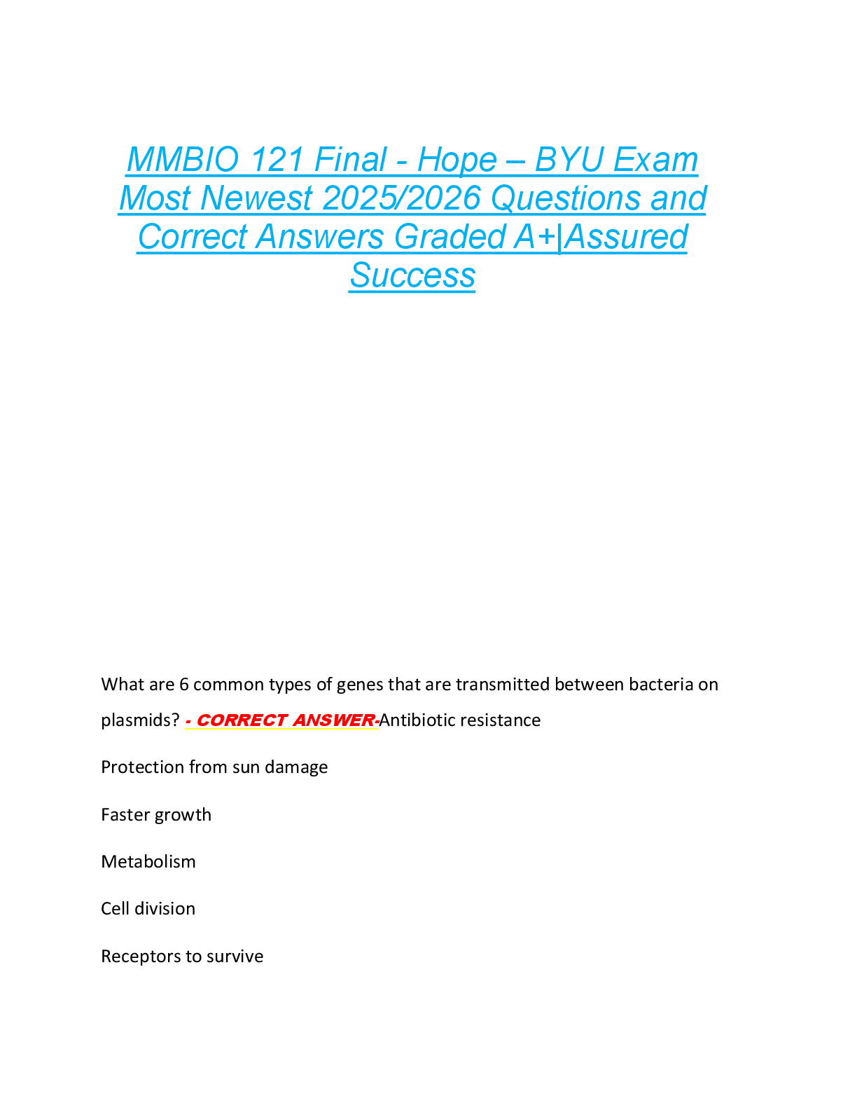 MMBIO 121 Final - Hope – BYU Exam  Most Newest 2025/2026 Questions and  Correct Answers Graded A+|Assured  Success