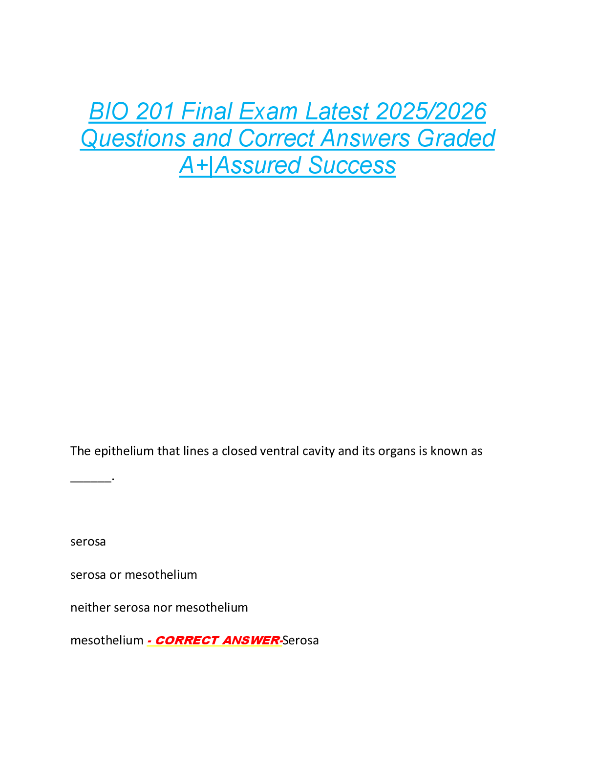 BIO 201 Final Exam Latest 2025/2026  Questions and Correct Answers Graded  A+|Assured Success