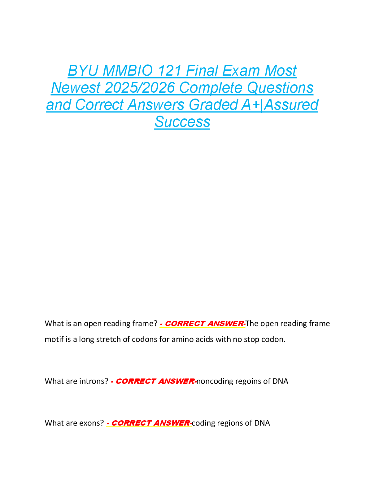 Preview of BYU MMBIO 121 Final Exam Most  Newest 2025/2026 Complete Questions  and Correct Answers Gr
