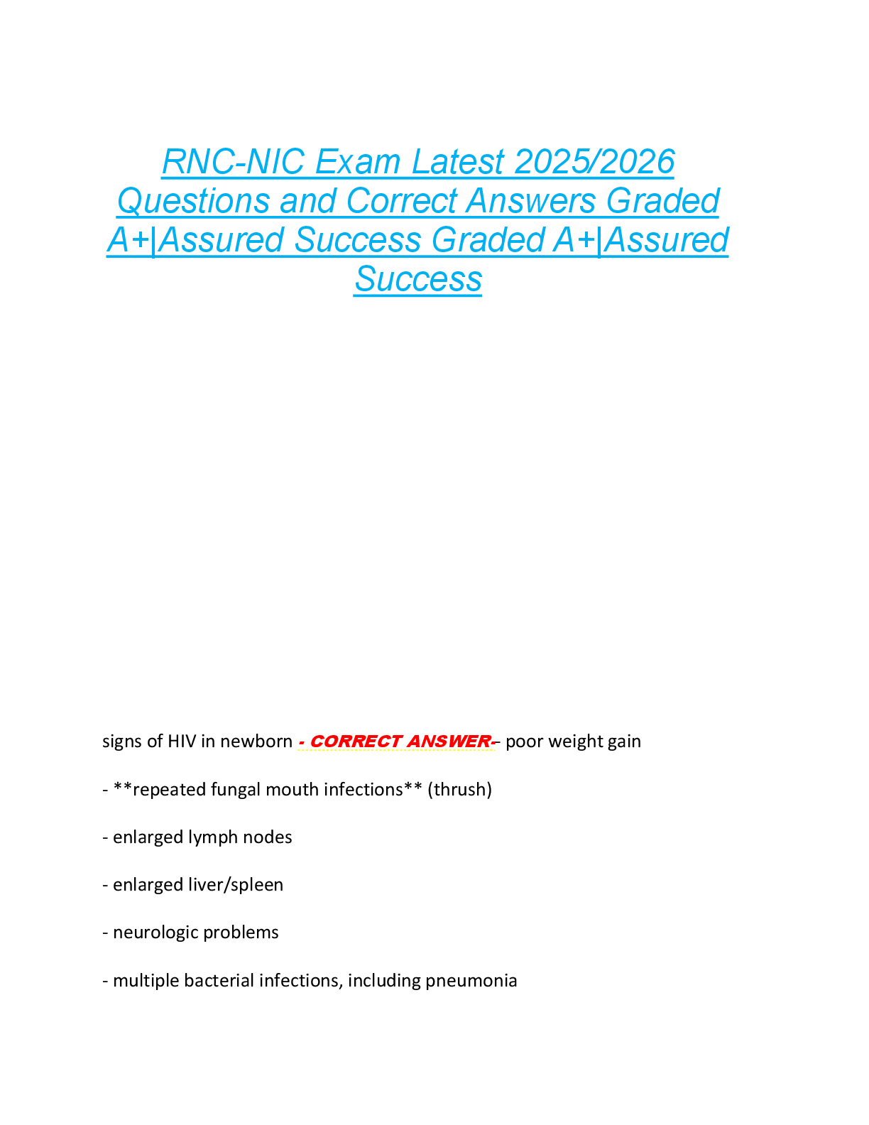 Preview image for RNC-NIC Exam Latest 2025/2026  Questions and Correct Answers Graded  A+|Assured Success Graded A+|Assured  Success