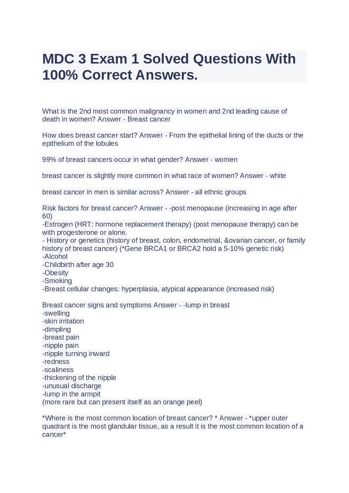 Preview image for MDC 3 Exam 1 Solved Questions With  100% Correct Answers.