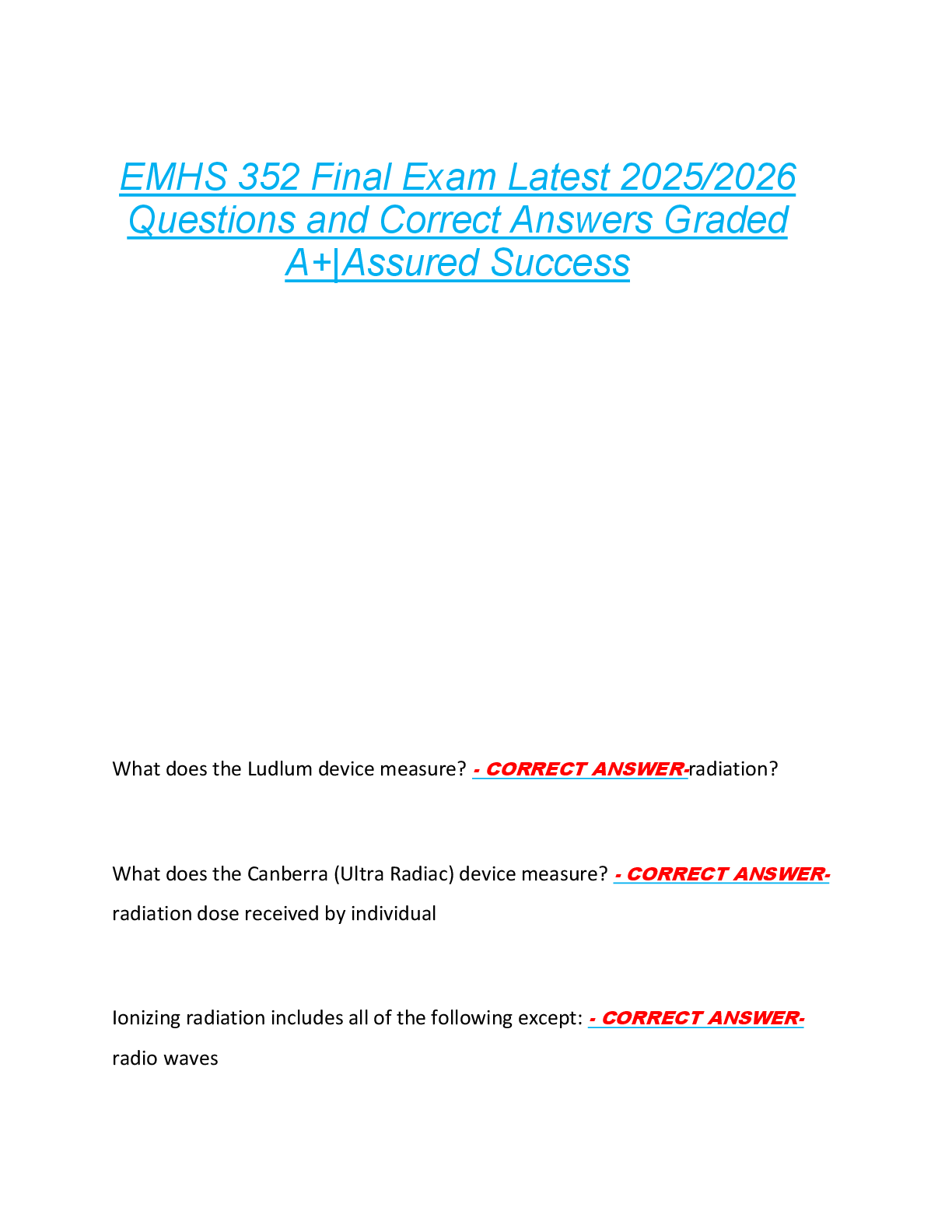 EMHS 352 Final Exam Latest 2025/2026  Questions and Correct Answers Graded  A+|Assured Success