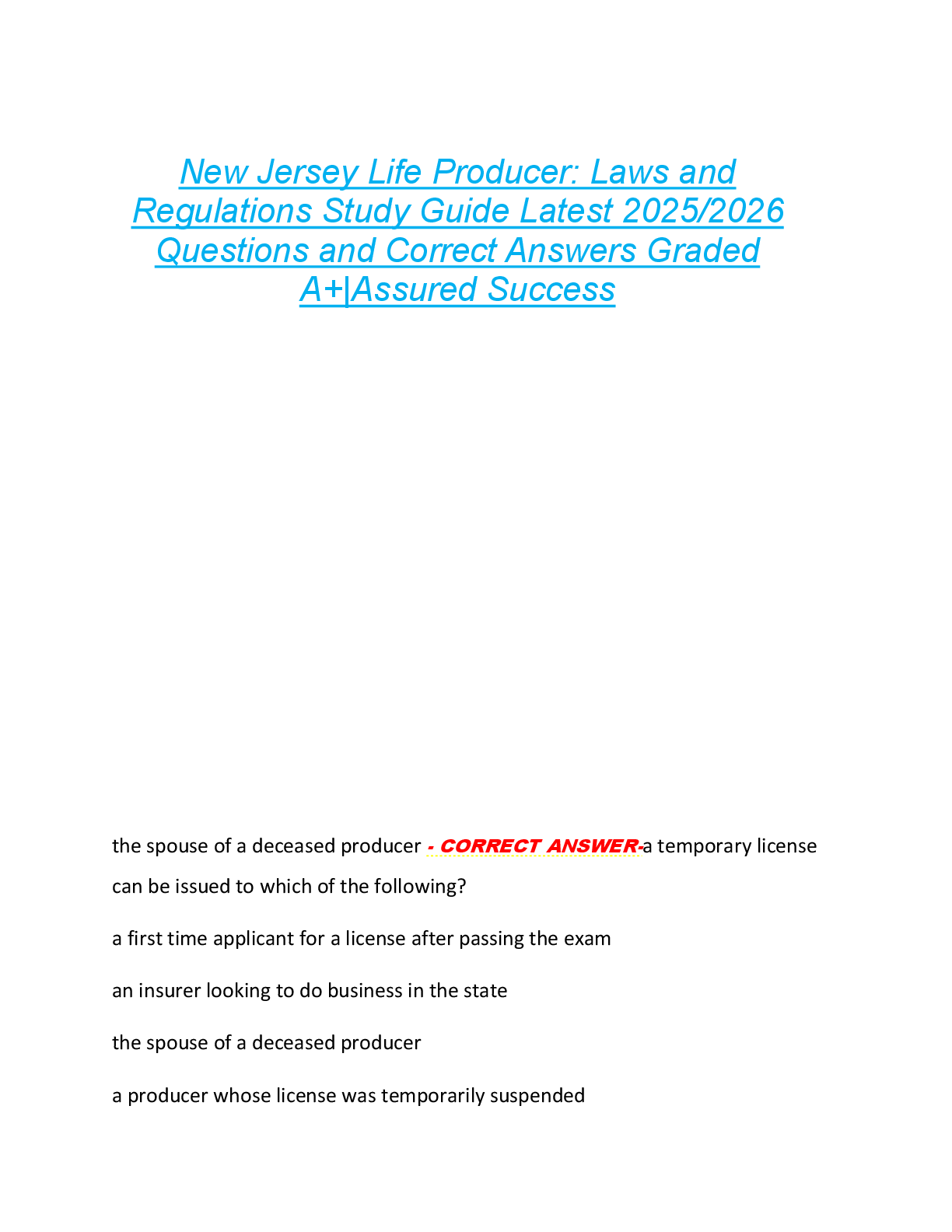 Preview image for Final Exam - New Jersey Life and Health Latest  2025/2026 Questions and Correct Answers  Graded A+|Assured Success