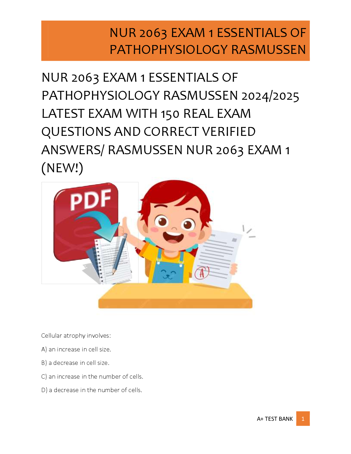 Preview of NUR 2063 EXAM 1 ESSENTIALS OF  PATHOPHYSIOLOGY RASMUSSEN 2024/2025  LATEST EXAM WITH 150 R