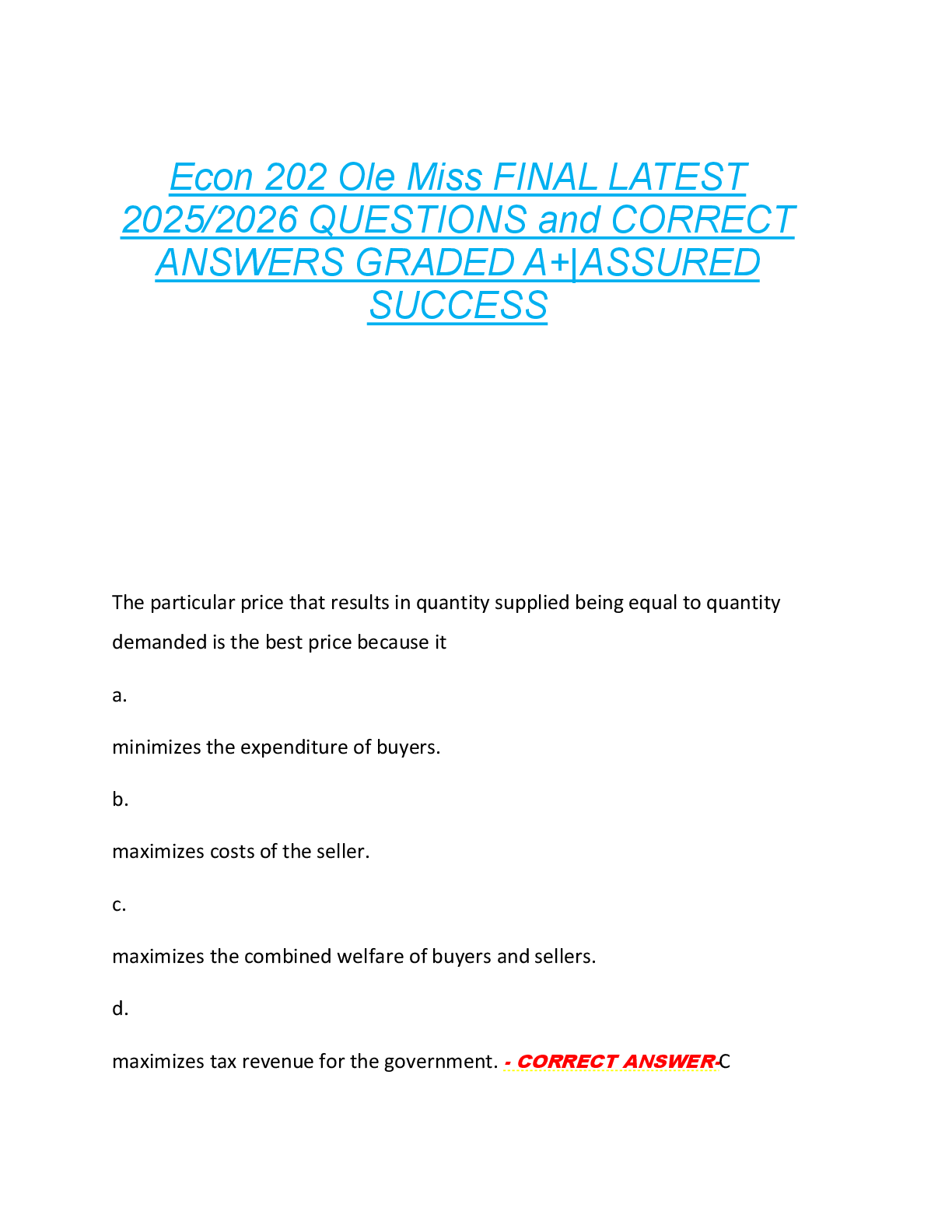 Preview image for Econ 202 Ole Miss FINAL LATEST  2025/2026 QUESTIONS and CORRECT  ANSWERS GRADED A+|ASSURED  SUCCESS