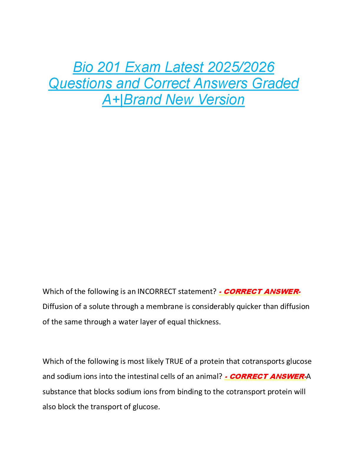 Bio 201 Exam Latest 2025/2026  Questions and Correct Answers Graded  A+|Brand New Version