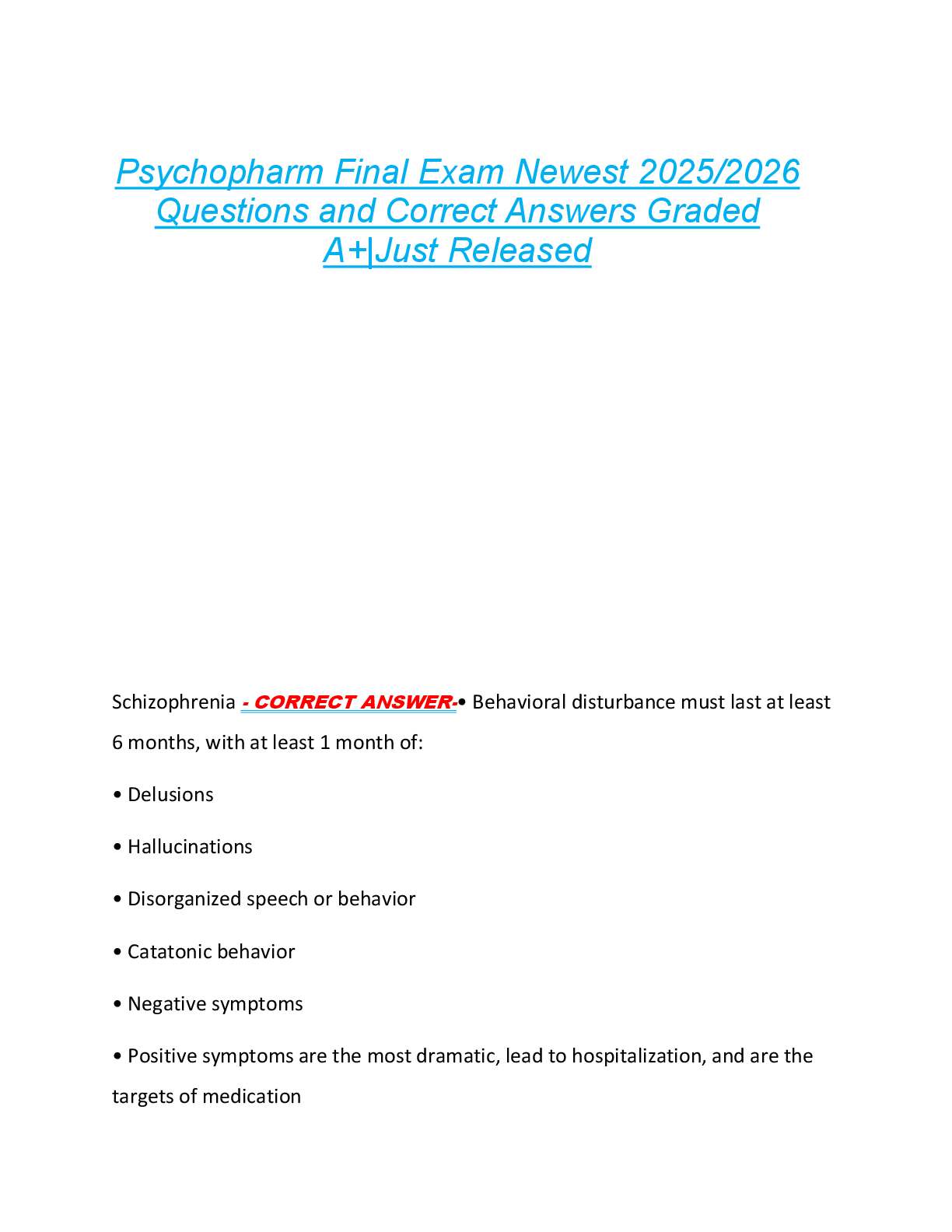 Preview image for Psychopharm Final Exam Newest 2025/2026  Questions and Correct Answers Graded  A+|Just Released